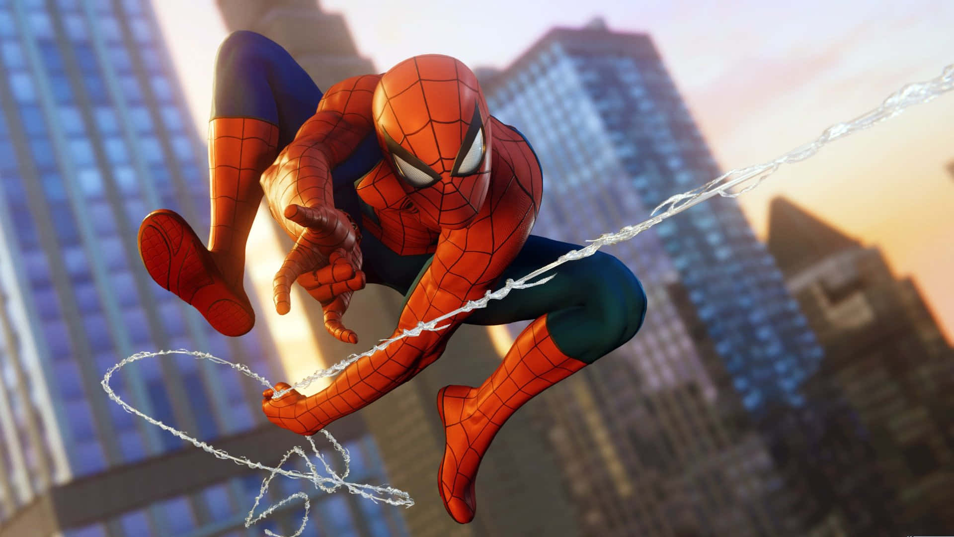 Spider-man Web Slinging 桌布 壁紙 — 蜘蛛人在日落時分穿梭於城市天際線，身後拖曳著蛛絲，襯托著高聳的摩天大樓。