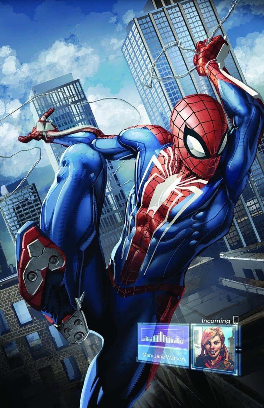 Spider-geddon 桌布 壁紙 — 蜘蛛人在明亮的藍天上，於高聳的玻璃摩天大樓上方動態擺盪，身後拖著蛛網線。