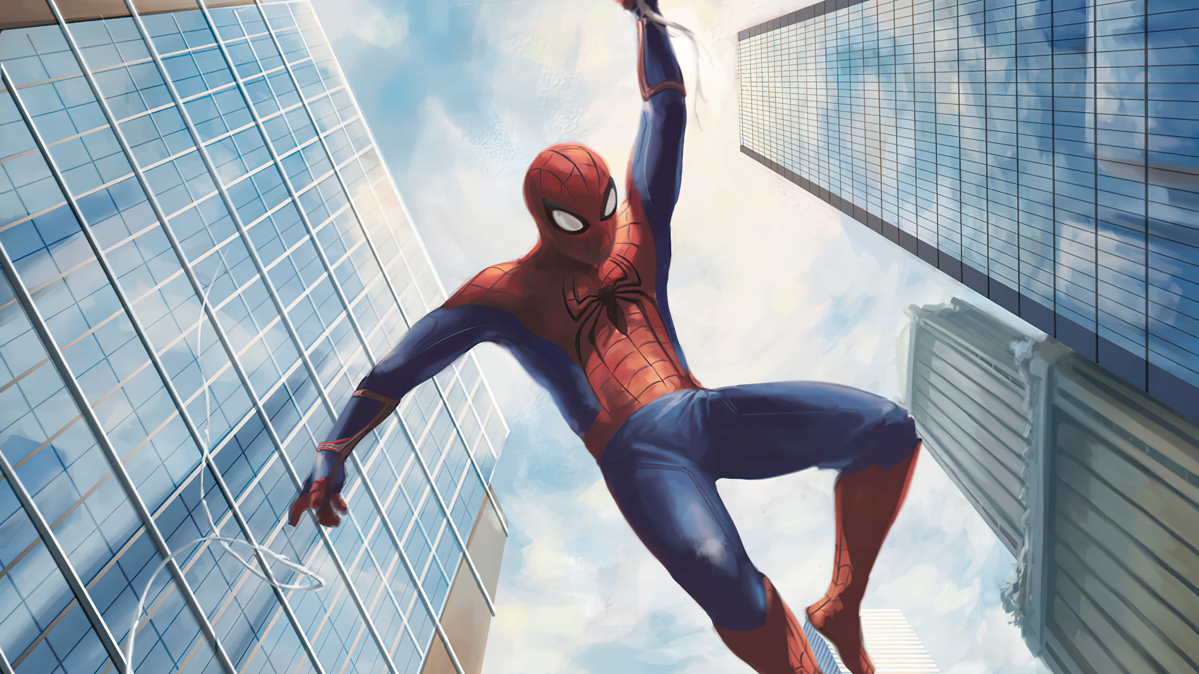 Spider-man Web Slinging 桌布 壁紙 — 蜘蛛人在明亮的藍天白雲下，於高聳的玻璃摩天大樓之間動態擺盪。