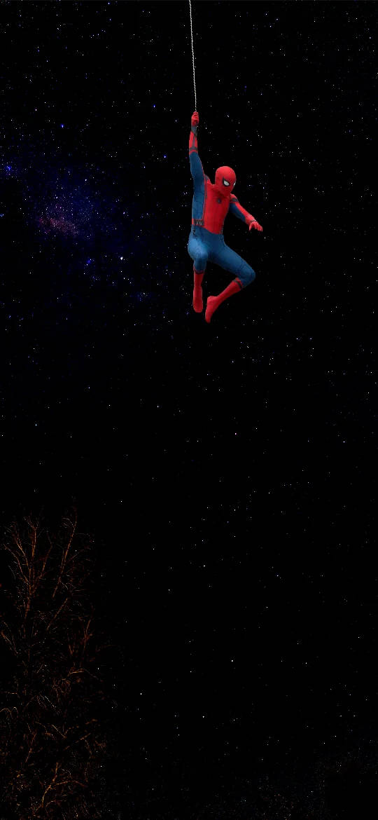 Honor 桌布 壁紙 — 蜘蛛人在星空下，在剪影樹木上方，以宇宙為背景盪來盪去。