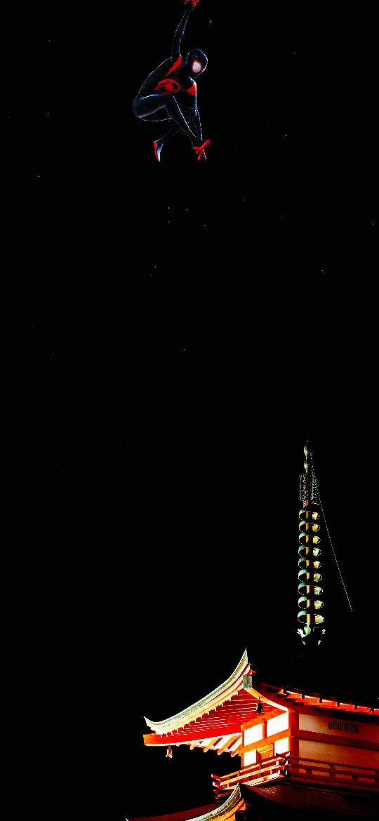 Honor 桌布 壁紙 — 蜘蛛人在星空下夜晚於發光的傳統日本寺廟上方擺盪。