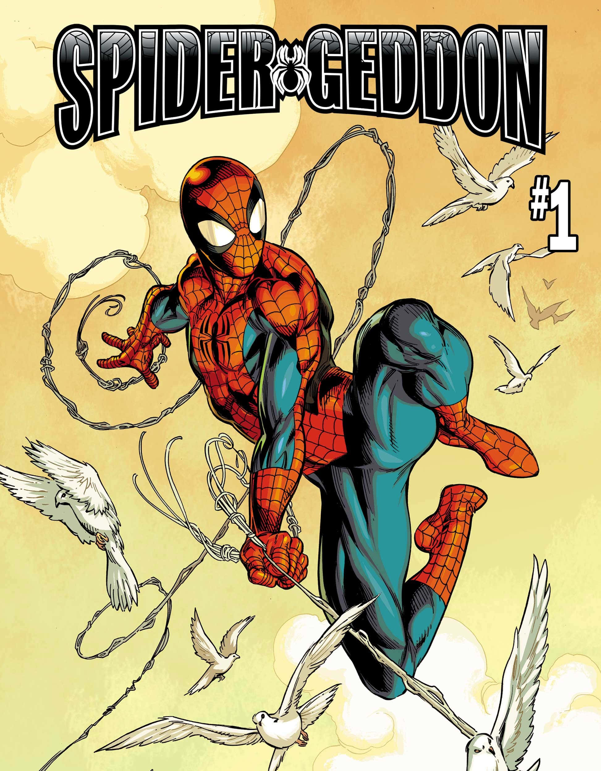 Spider-geddon 桌布 壁紙 — 蜘蛛人在暖色調的天空中動態擺盪，周圍環繞著白鳥和旋轉的鎖鏈。