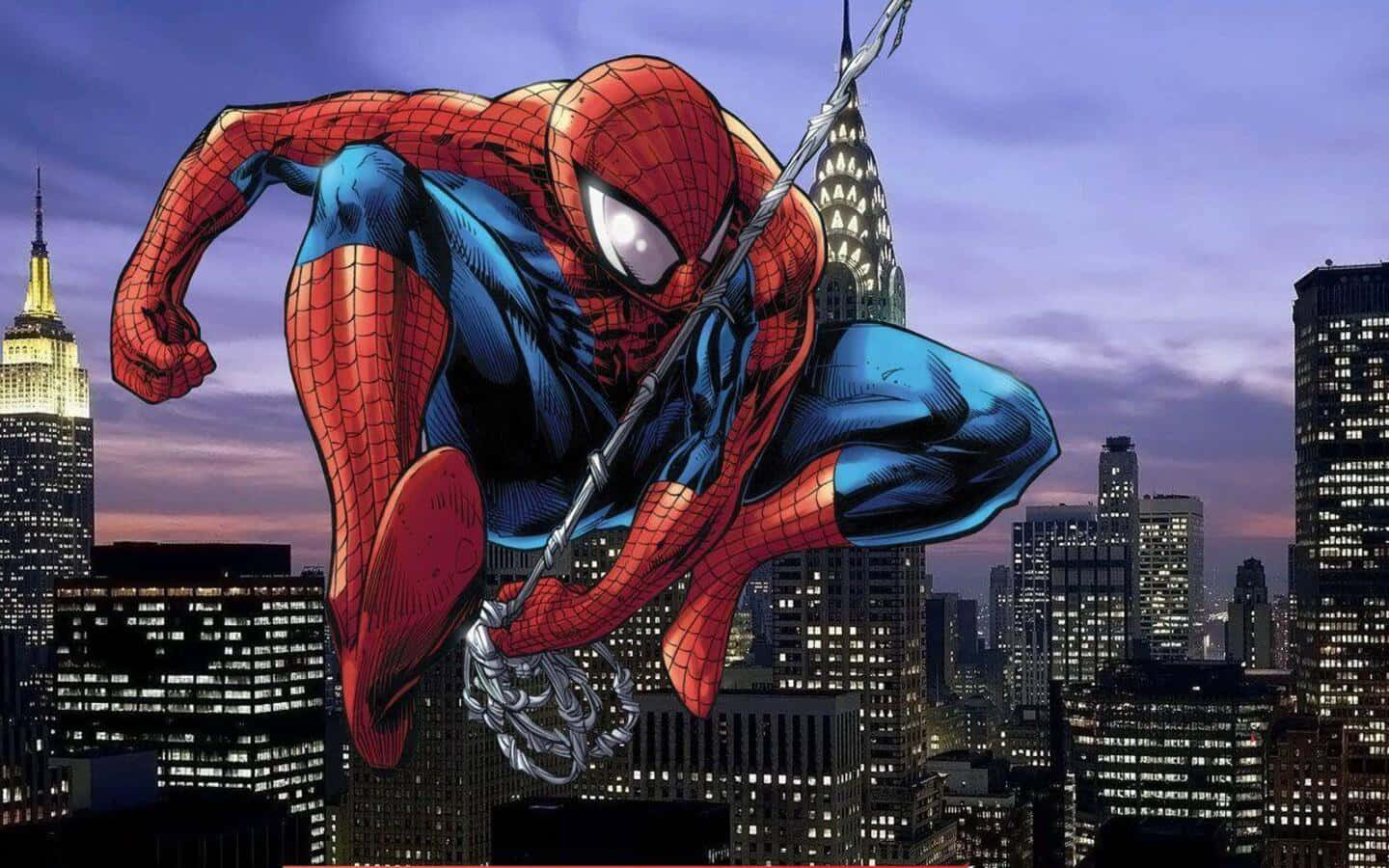 Spider-geddon 桌布 壁紙 — 蜘蛛人在暮色城市景觀中擺盪，摩天大樓在紫色天空下亮起燈光。