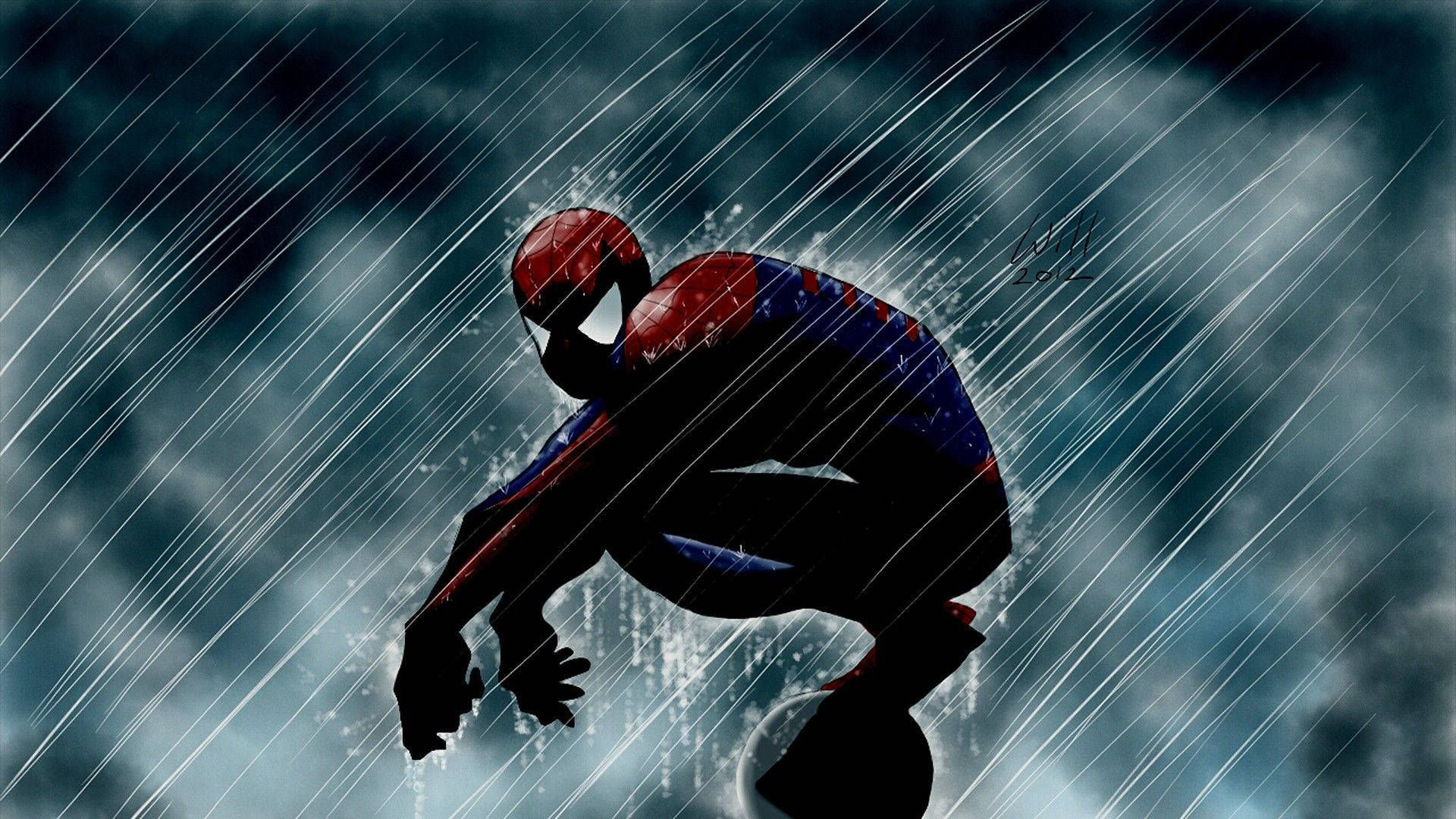 蜘蛛人 桌布 壁紙 — 蜘蛛人在暴風雨中蹲下，雨水劃過他周圍陰暗多雲的天空。