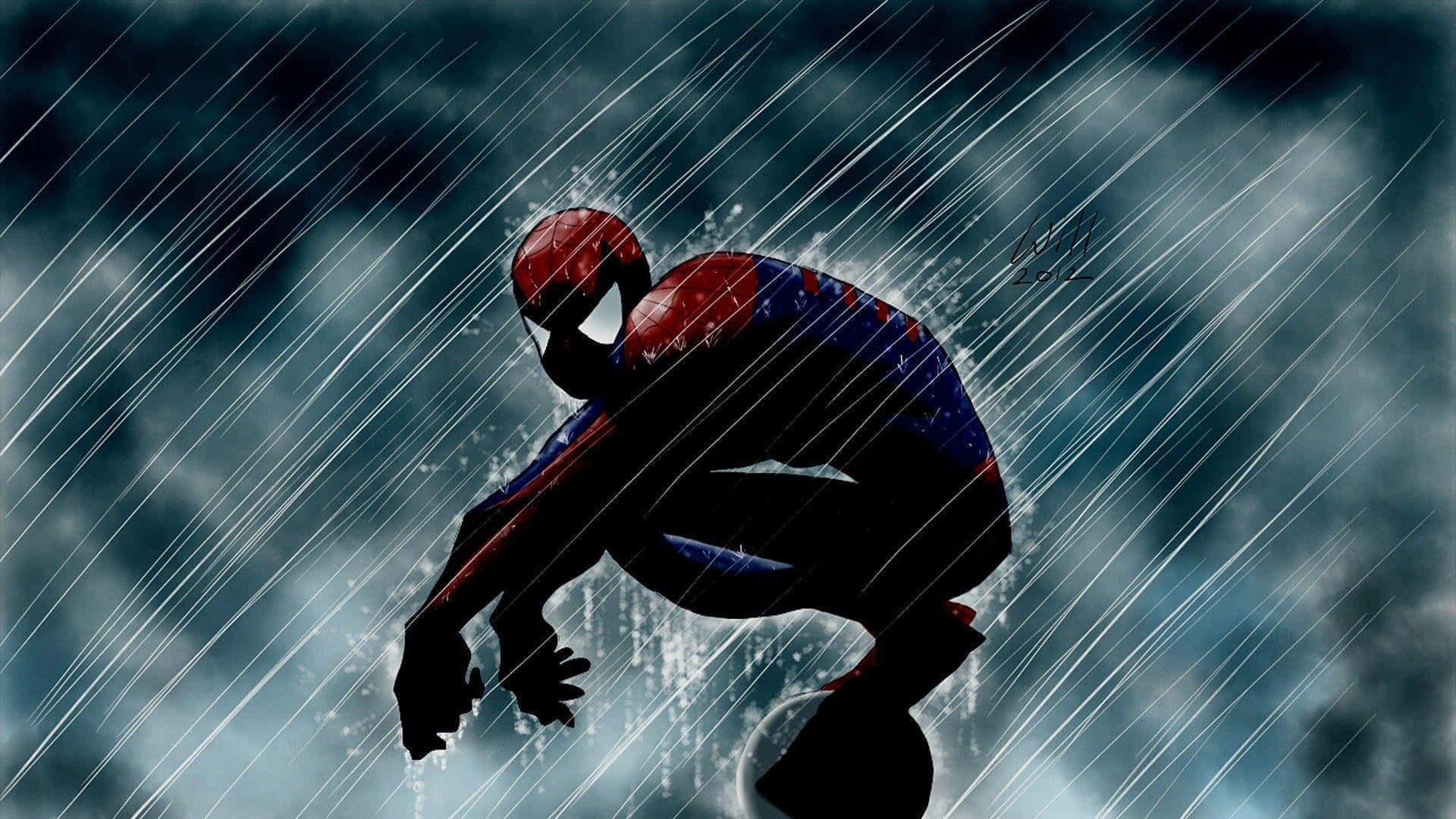 Raining 桌布 壁紙 — 蜘蛛人在暴風雨中蹲下，雨水在他身後劃破烏雲。