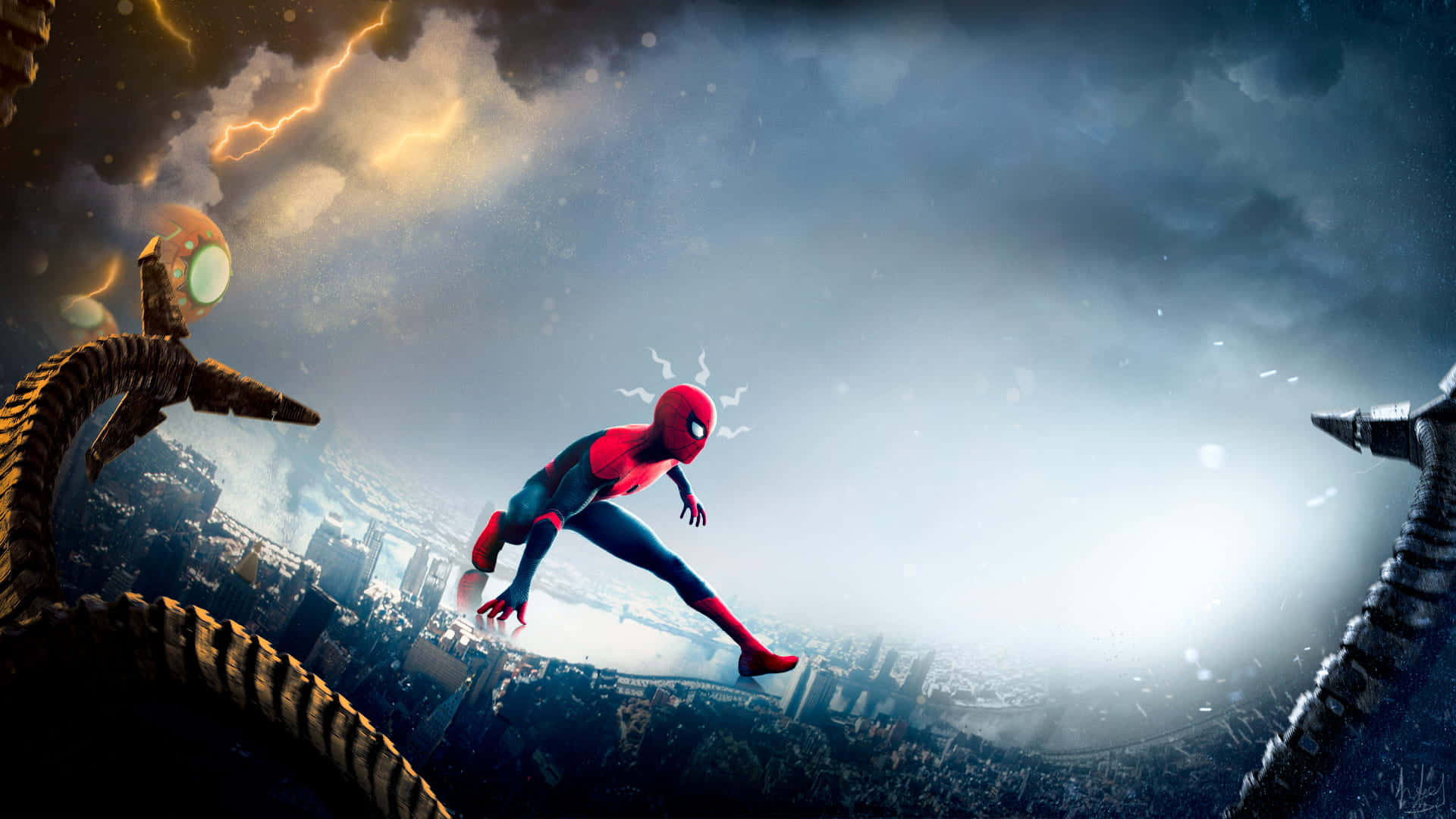 Spider-man Spider Sense 桌布 壁紙 — 蜘蛛人在暴風雨的城市景觀中擺盪，巨大的觸手在戲劇性的天空背景下籠罩頭頂。
