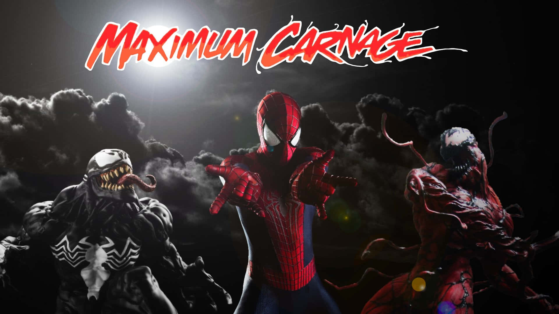 Maximum Carnage 桌布 壁紙 — 蜘蛛人在暴風雲背景下，於戲劇性聚光燈下與猛毒和屠殺對峙。