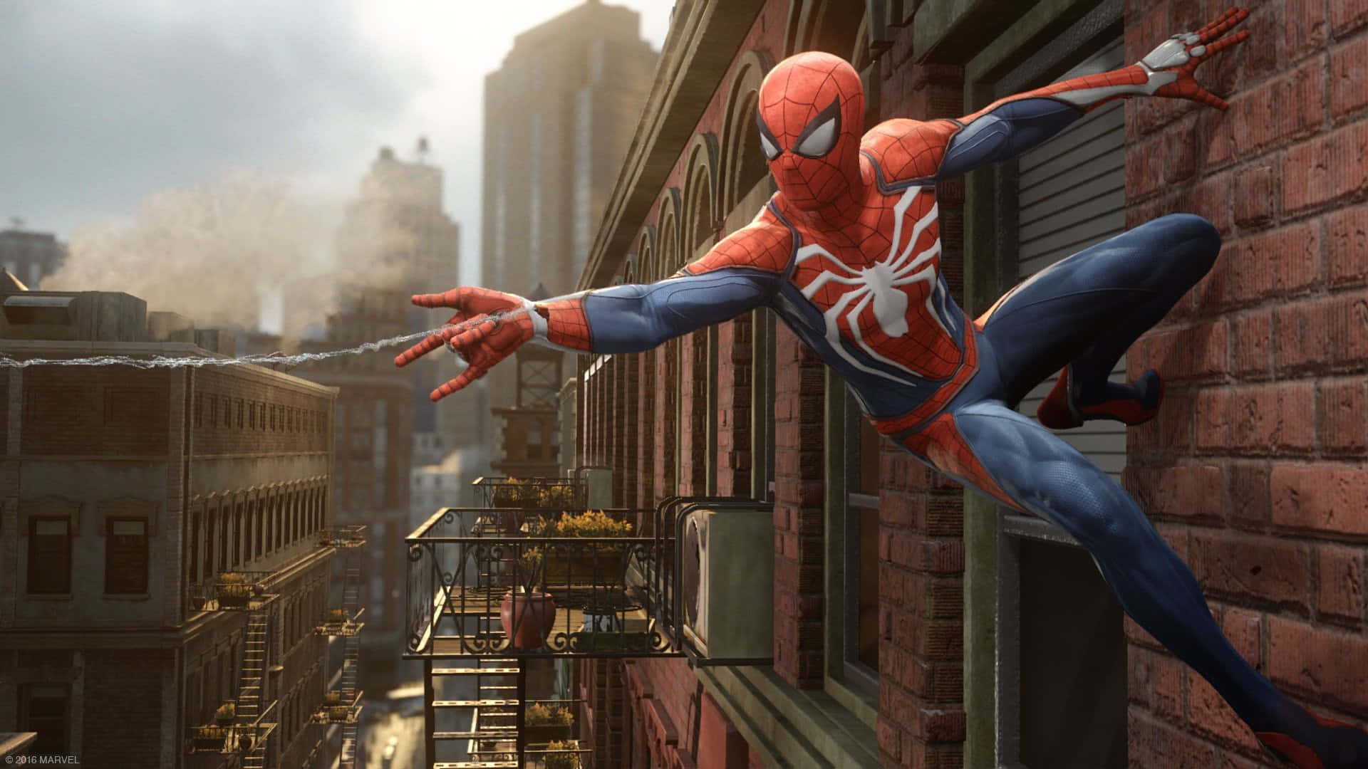Ultimate Spider-man 桌布 壁紙 — 蜘蛛人在朦朧的日光下，於磚造建築之間的粗糙都市峽谷中擺盪。