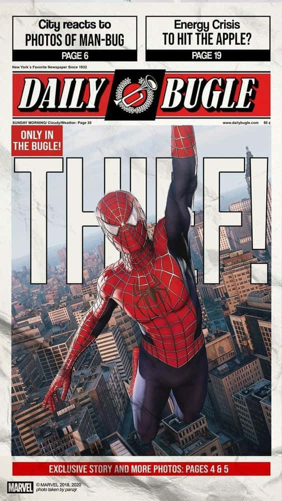 Daily Bugle 桌布 壁紙 — 蜘蛛人在標題為「THIEF!」的報紙頭版上，於城市景觀上方擺盪，頭條關於人蟲和能源危機。