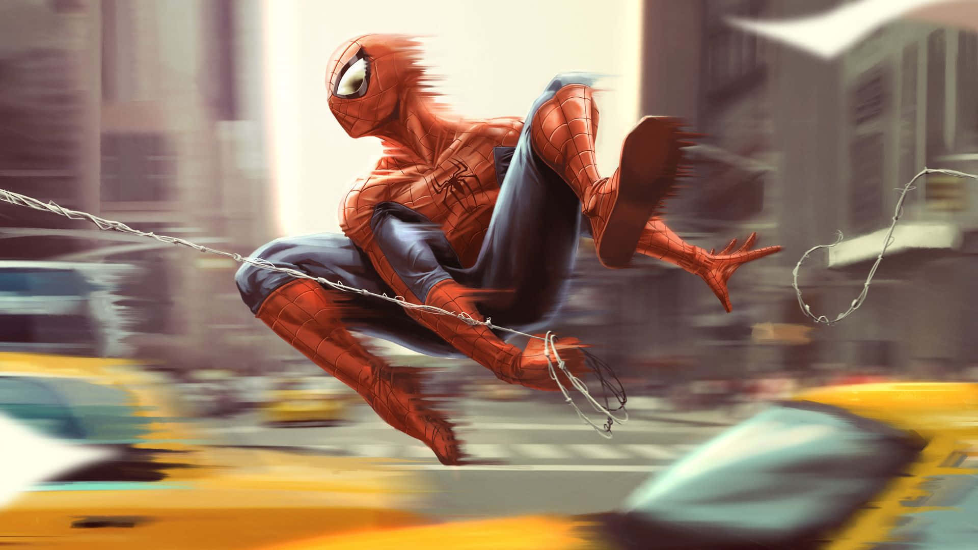 Spider-man Web Slinging 桌布 壁紙 — 蜘蛛人在模糊的城市景觀中動態擺盪，下方黃色計程車疾馳而過。