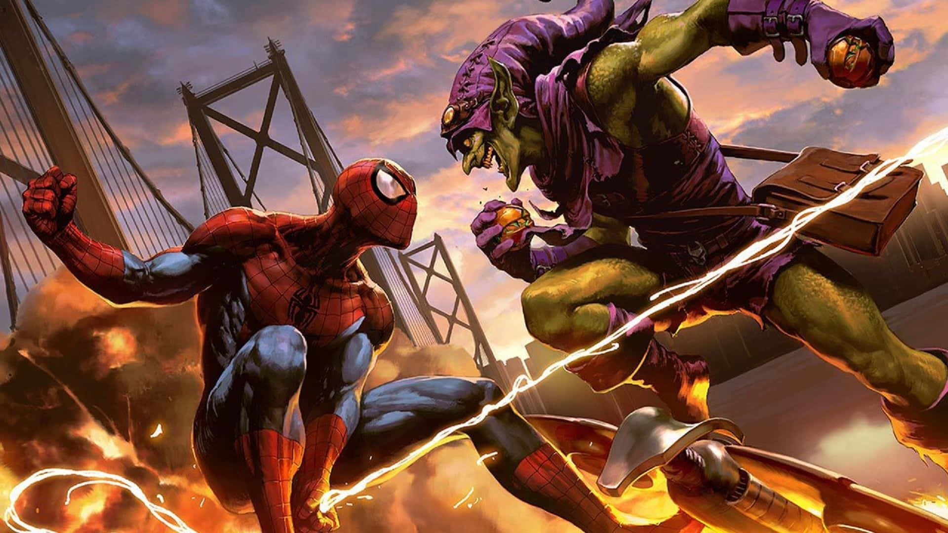 Norman Osborn 桌布 壁紙 — 蜘蛛人在橋附近戲劇性的日落天空下，在熾熱的爆炸中與綠惡魔交鋒。