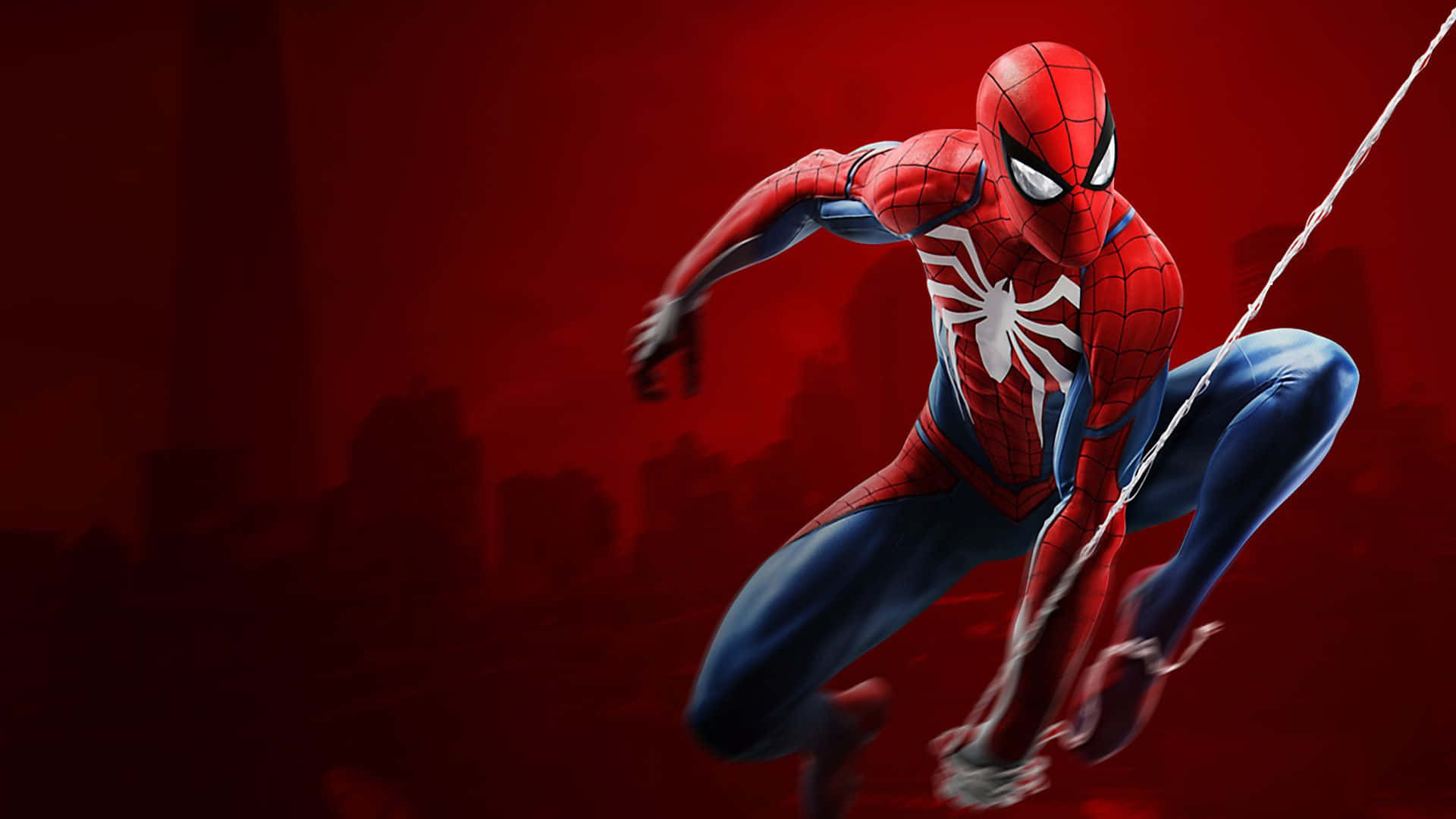 Best Marvel 桌布 壁紙 — 蜘蛛人在深紅色城市景觀背景下動態擺盪，背景有模糊的摩天大樓。