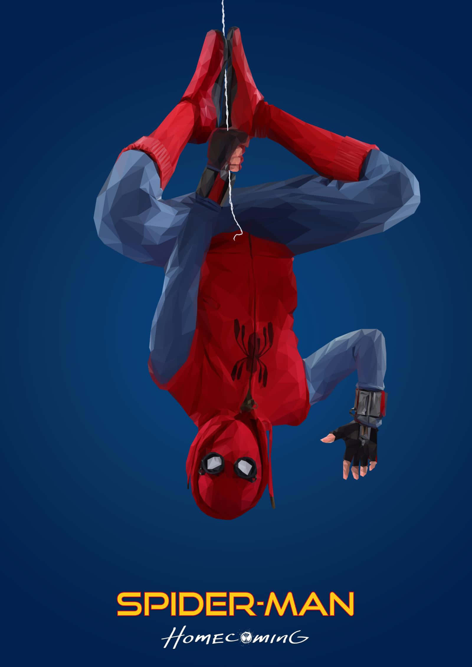spiderman no way home 桌布 壁紙 — 蜘蛛人在深藍色漸層背景上倒掛，以風格化的低多邊形數位插圖呈現。