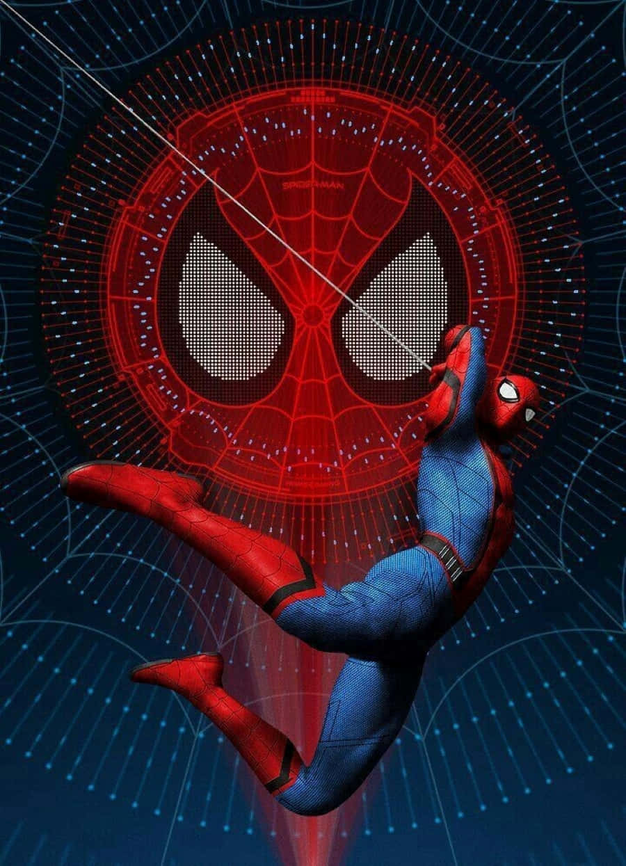 Friendly Neighborhood Spider-man 桌布 壁紙 — 蜘蛛人在深藍色科技網格背景上，對著發光的紅色數位蜘蛛標誌動態擺盪。
