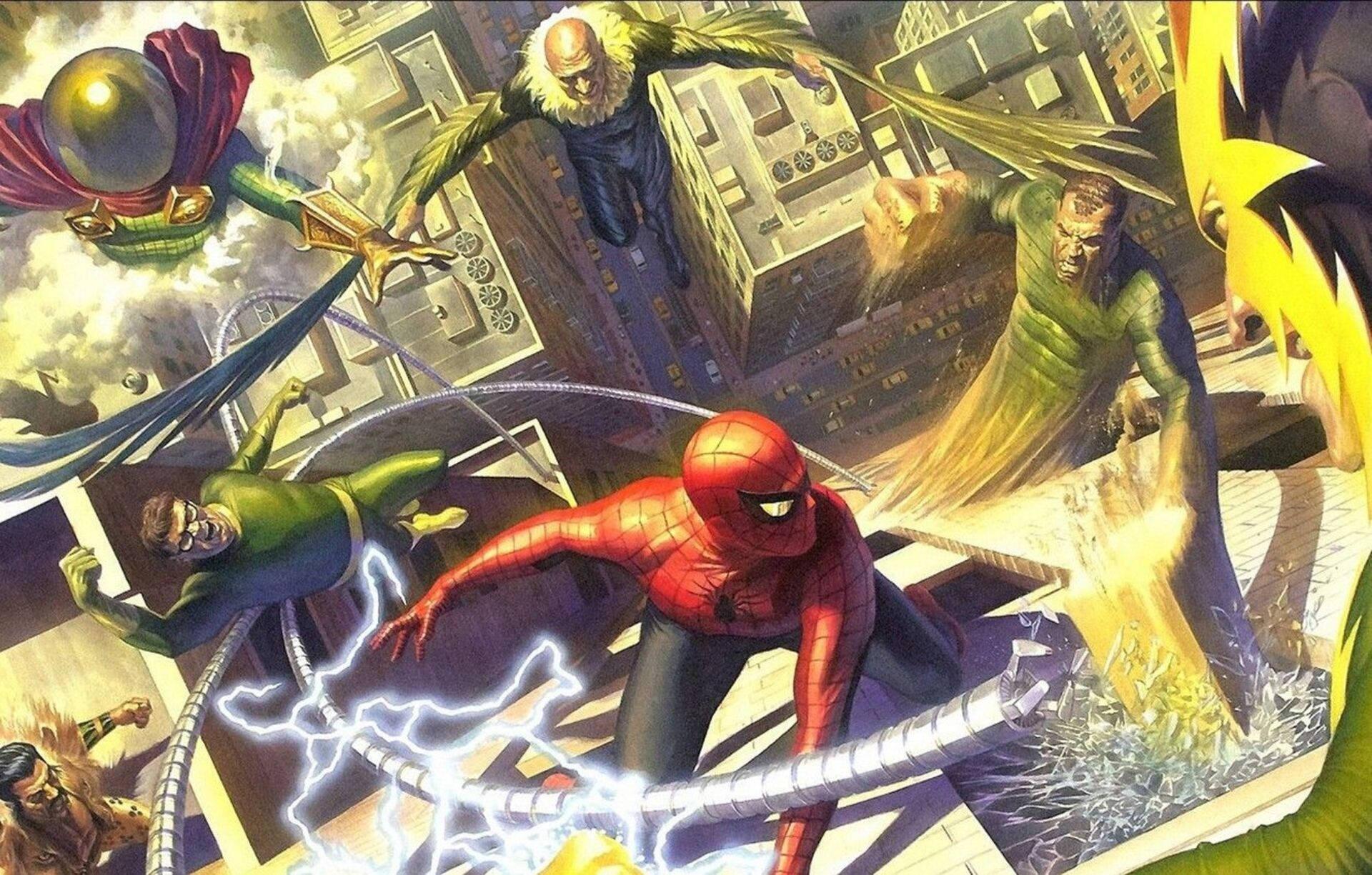 Villains 桌布 壁紙 — 蜘蛛人在混亂的城市景觀中與多個反派戰鬥，包括八爪博士和綠惡魔。