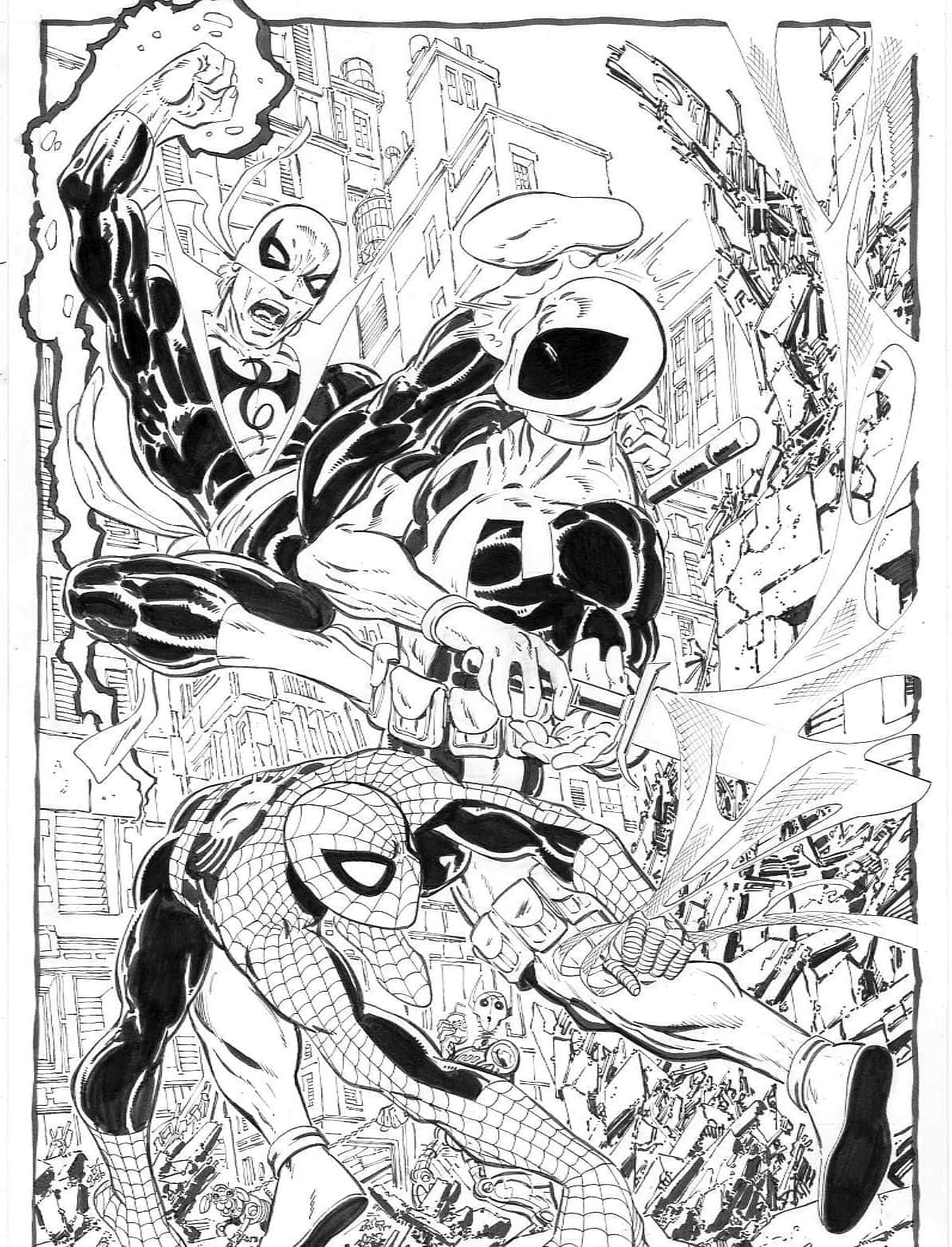 Black And White Comic 桌布 壁紙 — 蜘蛛人在混亂的城市街頭鬥毆中與兩個共生體反派戰鬥，以大膽的黑白漫畫藝術呈現。