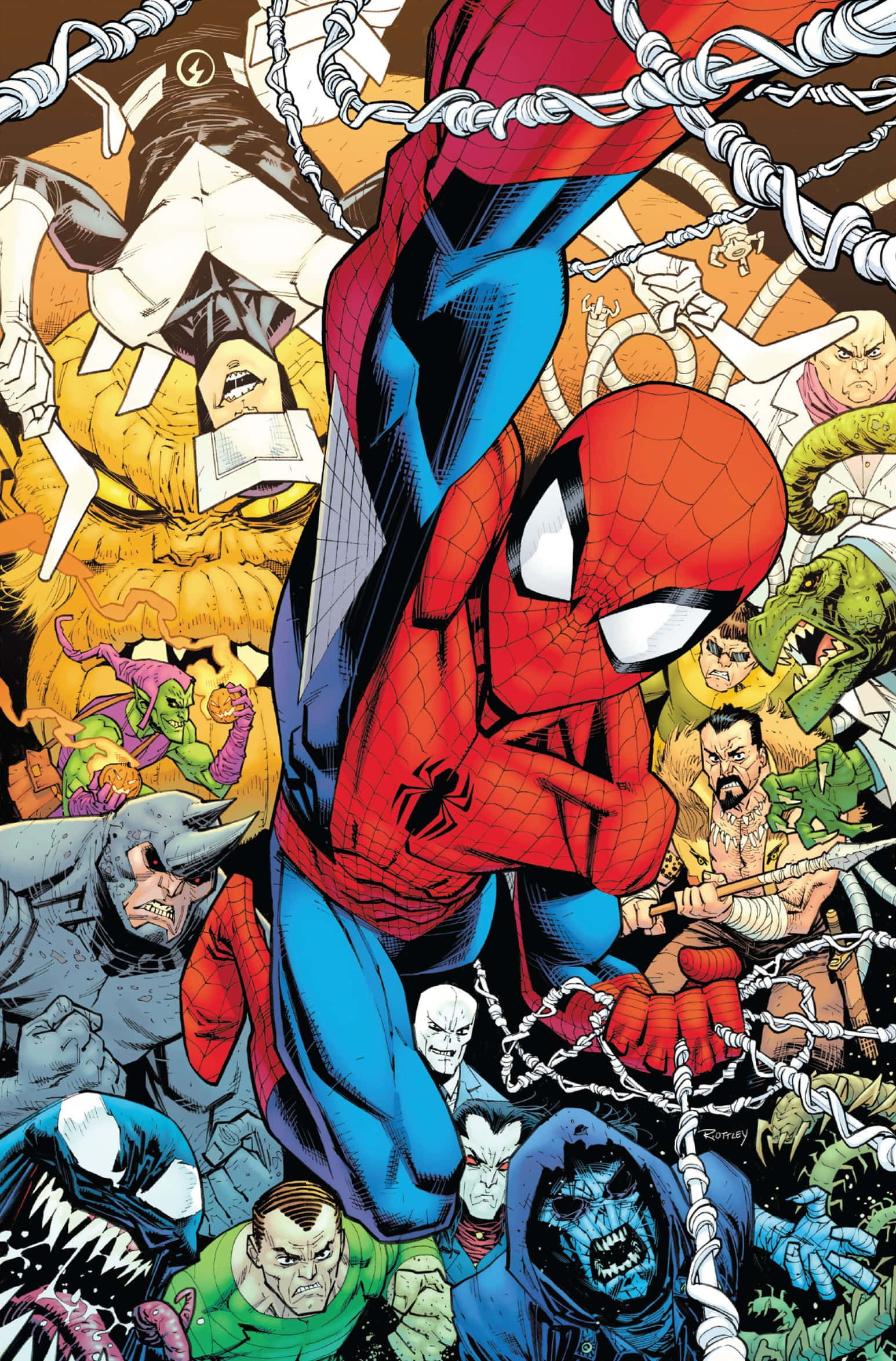 Spider Man Comic 桌布 壁紙 — 蜘蛛人在混亂的漫畫面板中擺盪，周圍有眾多反派以動態動作姿勢出現。