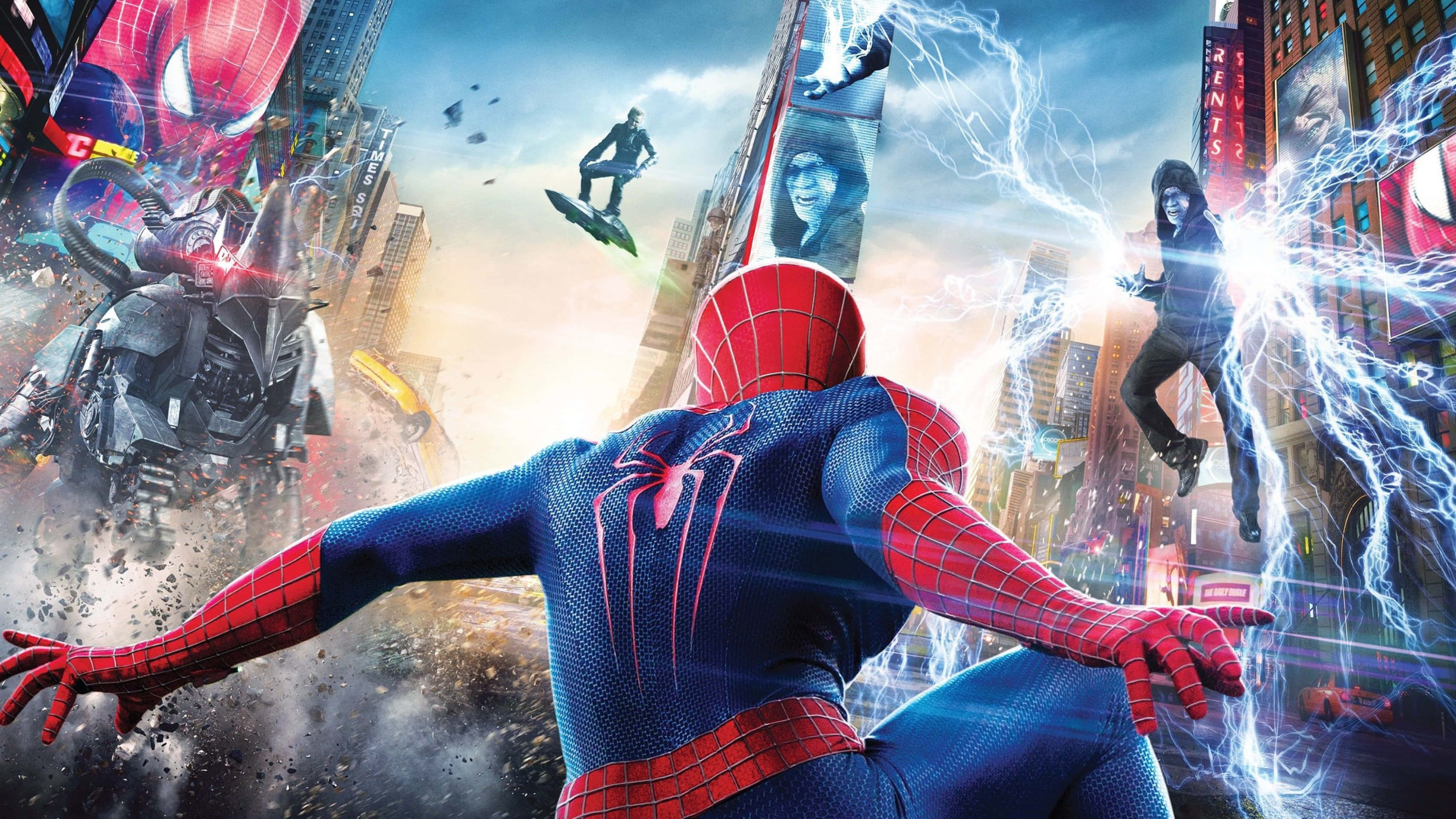 4K Marvel 壁紙 桌布 壁紙 — 蜘蛛人在混亂的紐約城市景觀中跳躍，閃電劃過，惡棍在高聳的摩天大樓間攻擊。