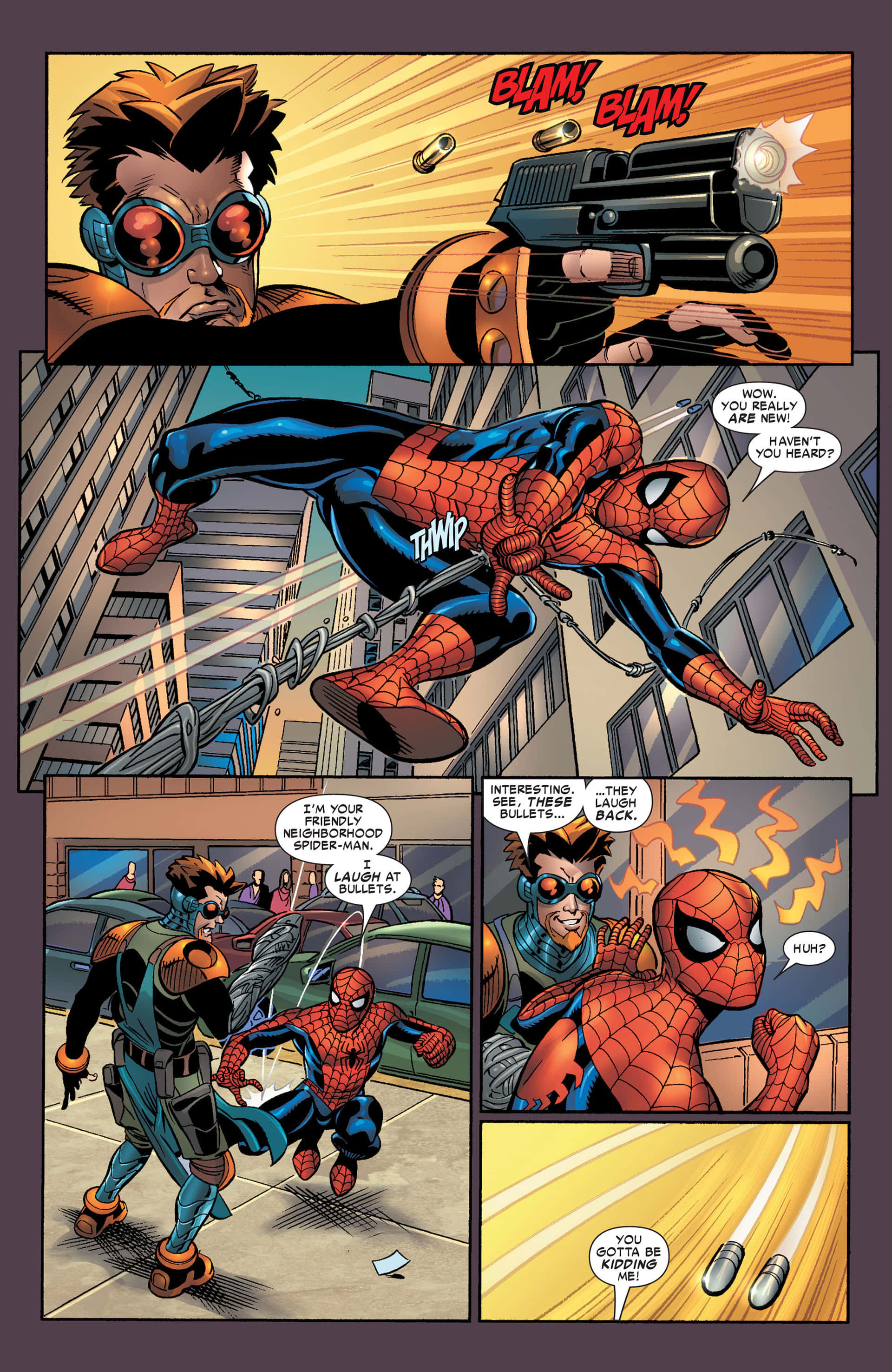 Friendly Neighborhood Spider-man 桌布 壁紙 — 蜘蛛人在漫畫格中穿梭城市天際，躲避蒙面反派發射的子彈。