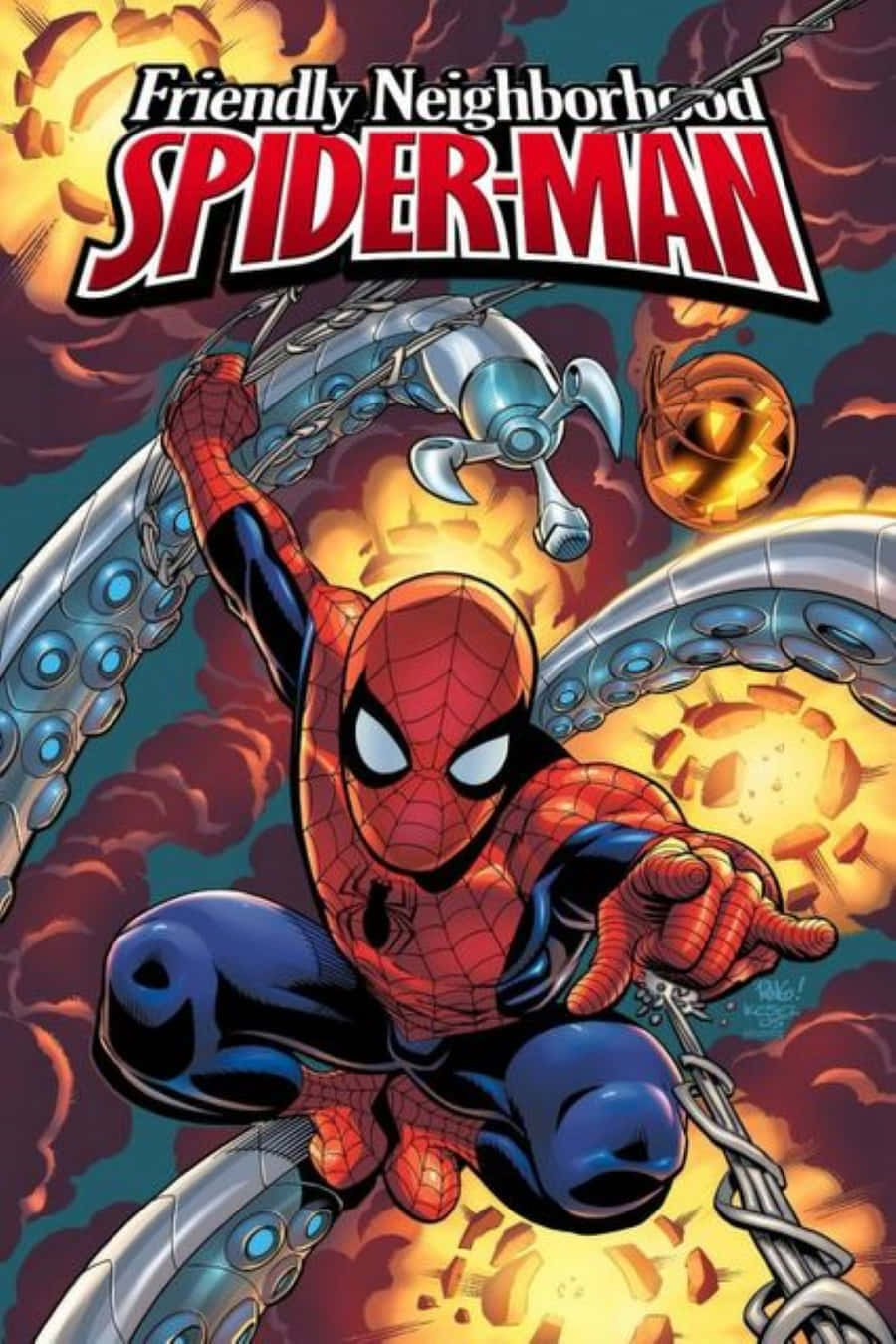 Friendly Neighborhood Spider-man 桌布 壁紙 — 蜘蛛人在火熱的天空中動態擺盪，與機械觸手和南瓜頭反派戰鬥。