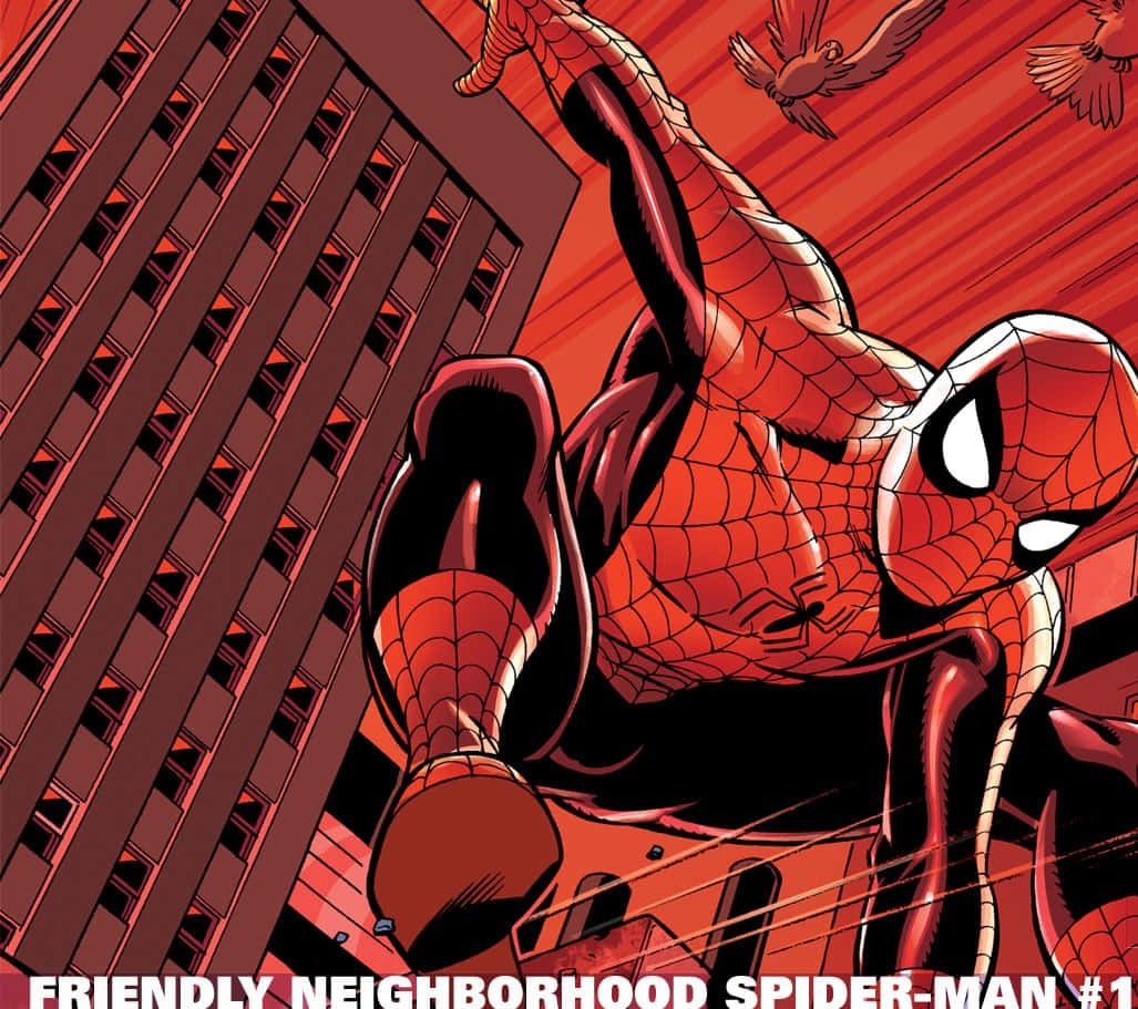 Friendly Neighborhood Spider-man 桌布 壁紙 — 蜘蛛人在火紅的天空下，鳥兒在頭頂飛翔，動態地穿梭於高聳的建築物之間。
