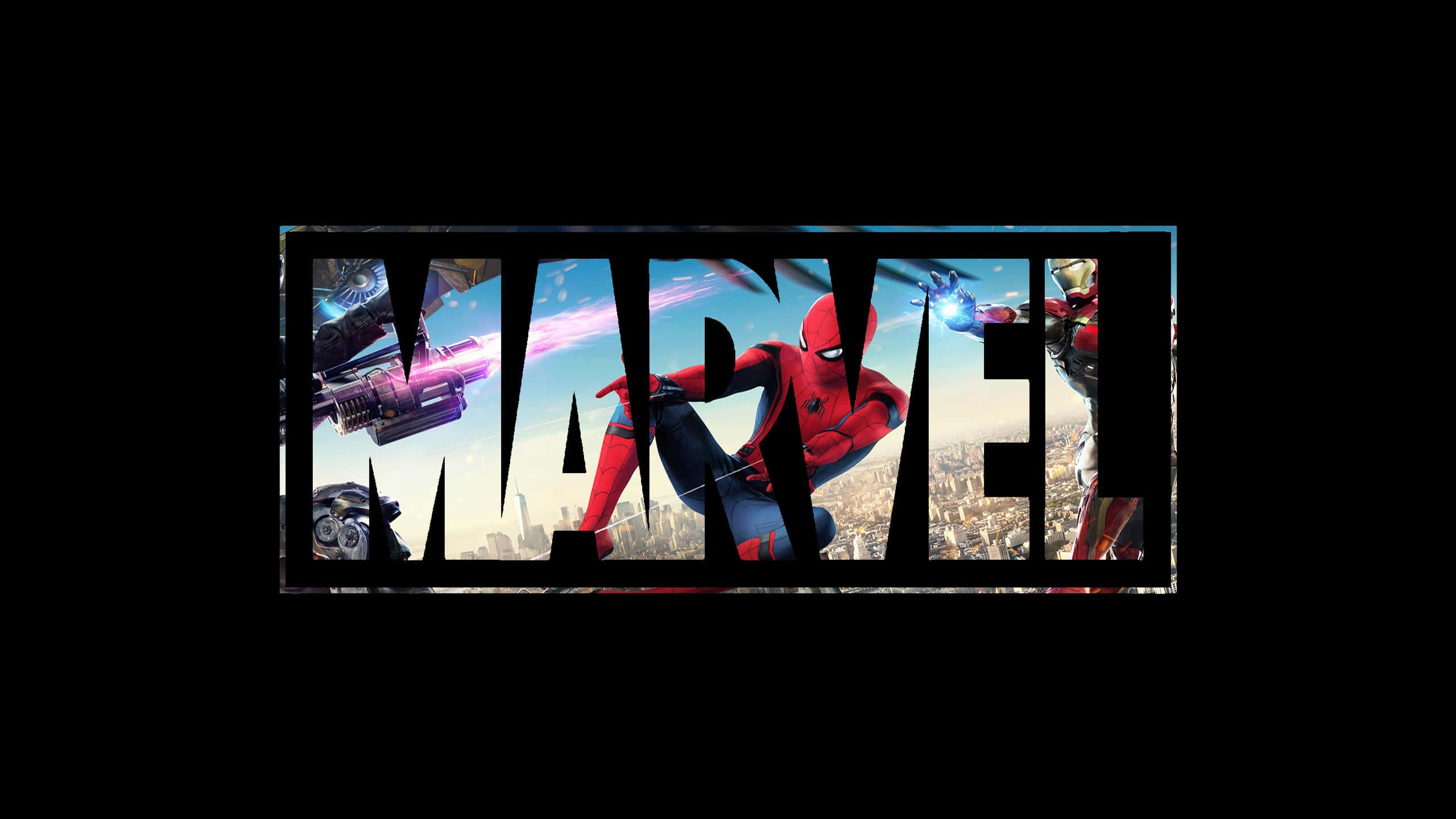 Mcu 桌布 壁紙 — 蜘蛛人在由大膽的Marvel標誌框起的城市景觀中擺盪，背景中可見鋼鐵人和其他英雄。