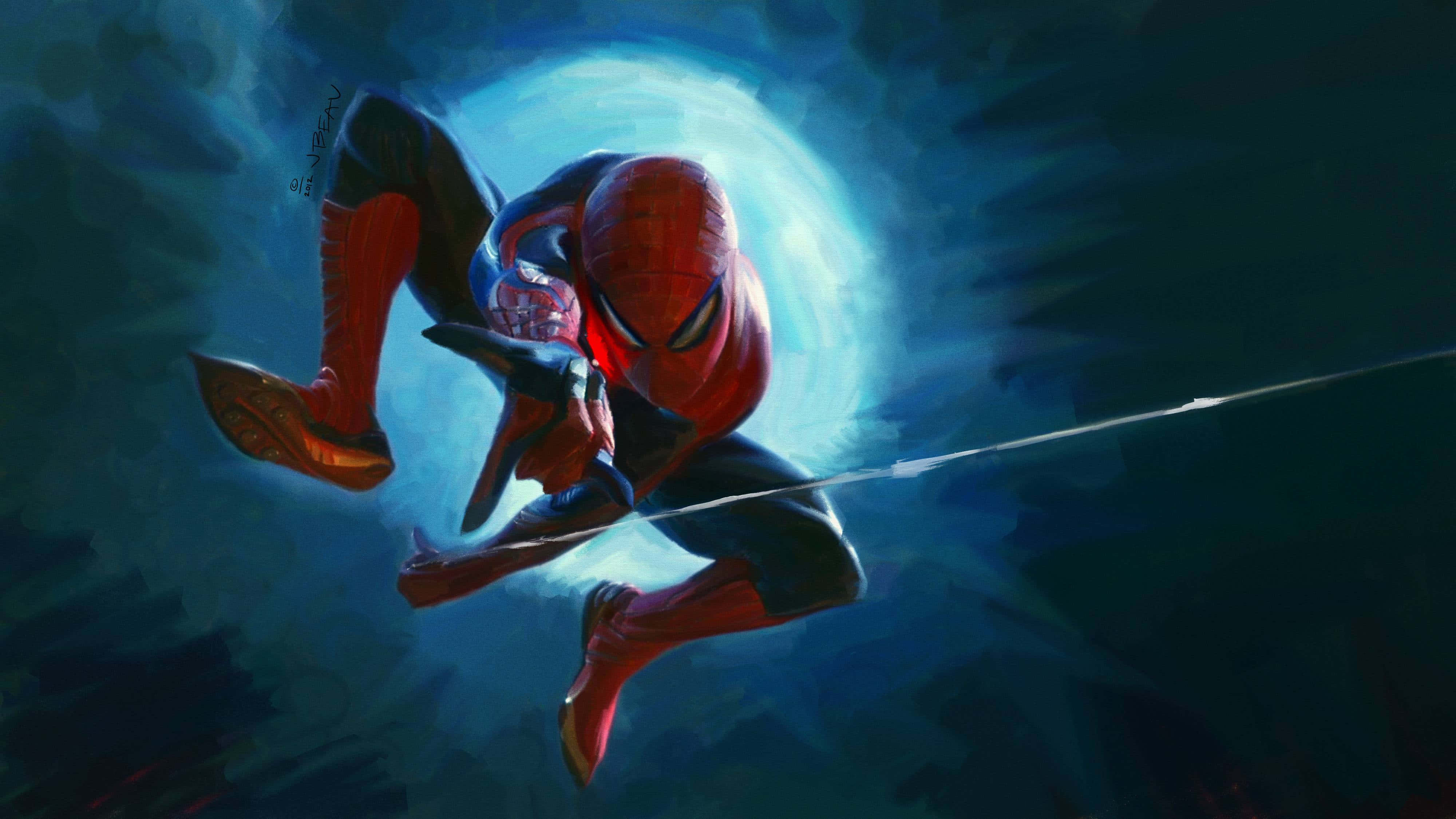 Best Spider Man 桌布 壁紙 — 蜘蛛人在發光的藍色漩渦背景下動態擺盪，帶有戲劇性燈光和動態模糊效果。