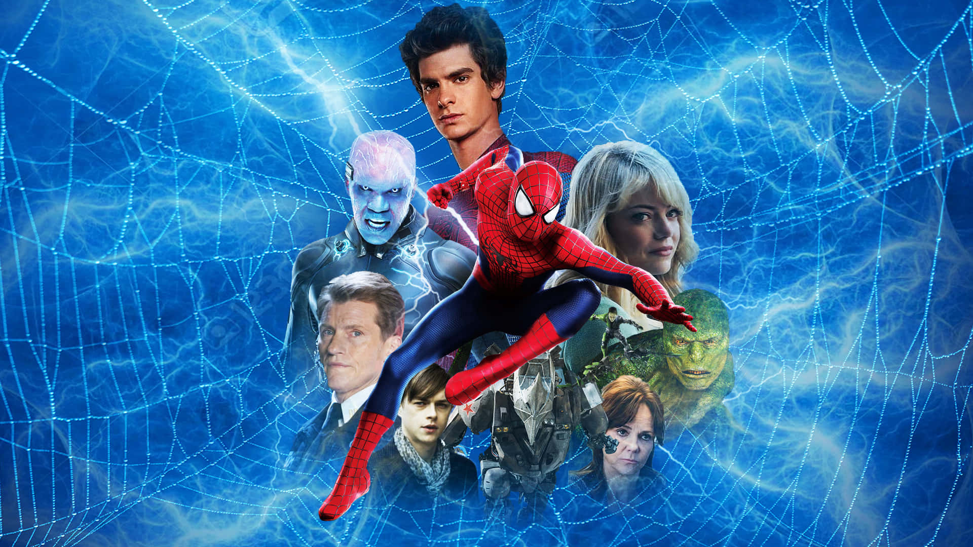 Spider Man 桌布 壁紙 — 蜘蛛人在發光的藍色蜘蛛網背景下動態跳躍，並與電影中的關鍵角色一同出現。