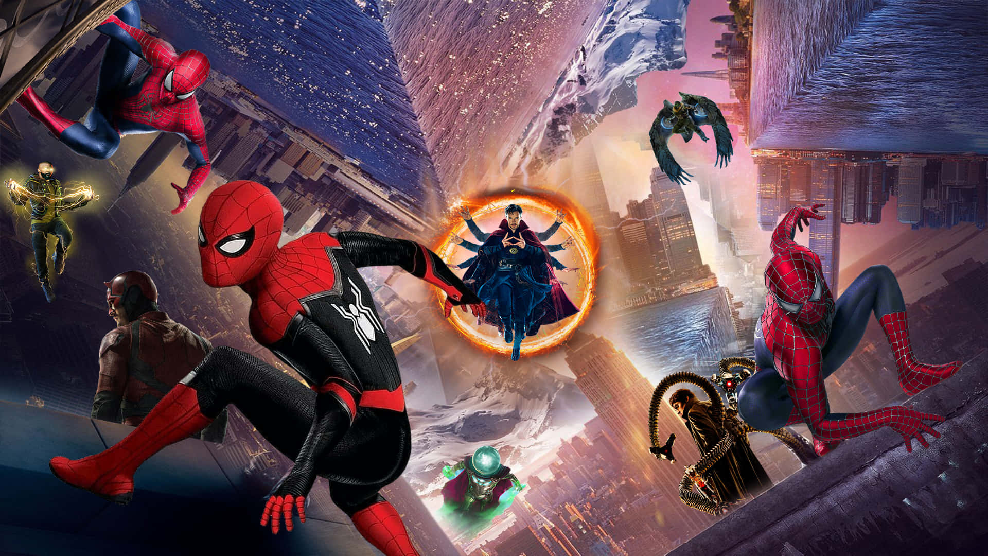 Spider Man No Way Home 桌布 壁紙 — 蜘蛛人在破碎的城市景觀中擺盪，而奇異博士在發光的傳送門中與多名反派戰鬥。