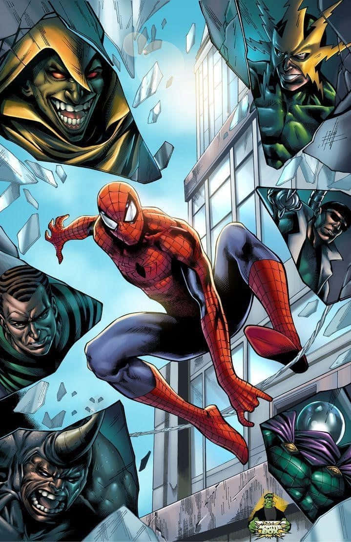 Sinister Six 桌布 壁紙 — 蜘蛛人在破碎的城市景觀中擺盪，而多個反派從他周圍的玻璃面板中衝出。