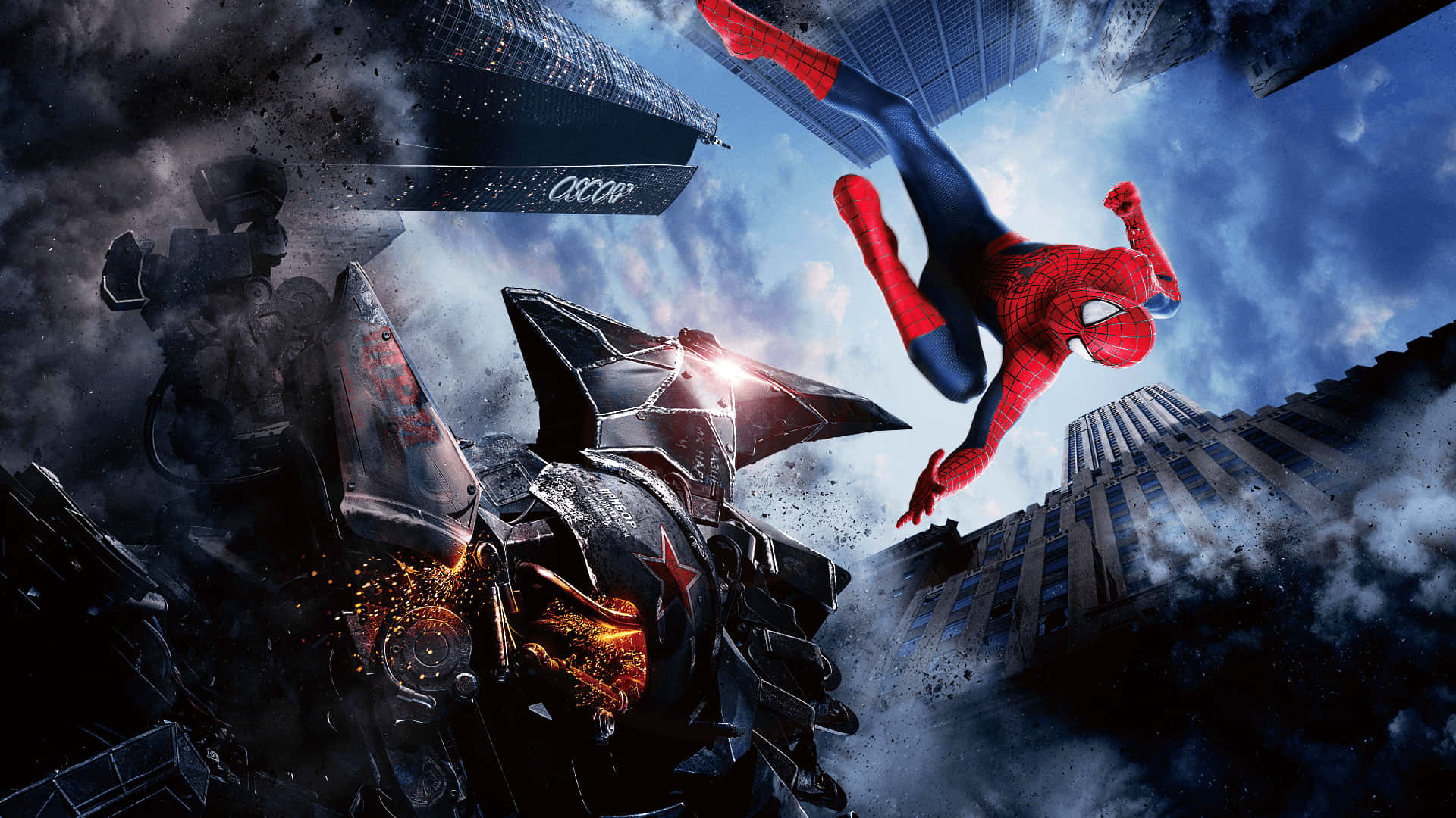 Spider Man 2 桌布 壁紙 — 蜘蛛人在破碎的城市景觀中擺盪，躲避碎片，而一個巨大的裝甲反派潛伏在下方，煙霧和火花四濺。