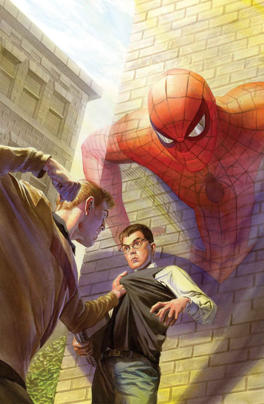 Flash Thompson 桌布 壁紙 — 蜘蛛人在磚牆前顯得巨大，兩個男人在陽光照射的小巷中對峙。