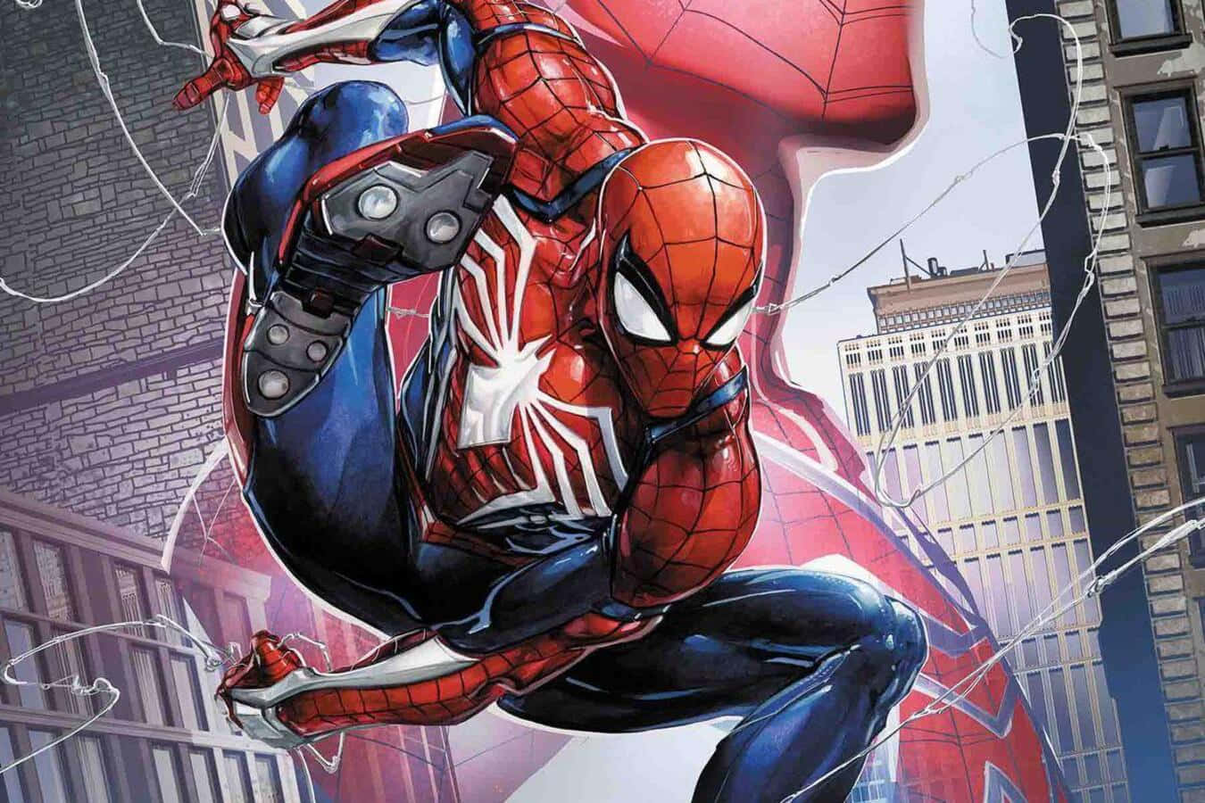 Spider-geddon 桌布 壁紙 — 蜘蛛人在磚砌建築和玻璃摩天大樓之間動態擺盪，蜘蛛絲橫跨城市景觀。