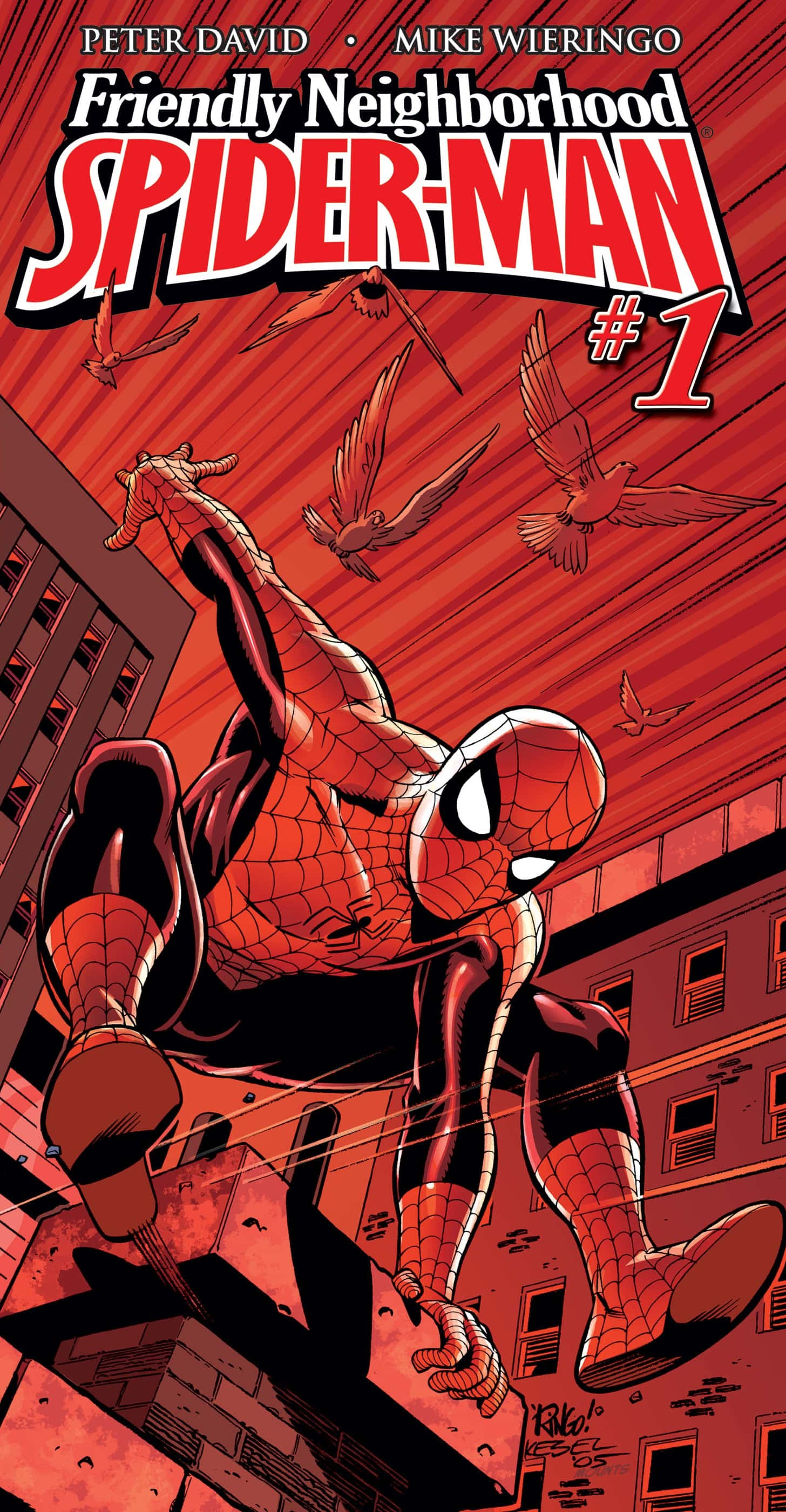 Friendly Neighborhood Spider-man 桌布 壁紙 — 蜘蛛人在紅色調的城市景觀中擺盪，鳥兒飛過，形成一個動態的漫畫封面。