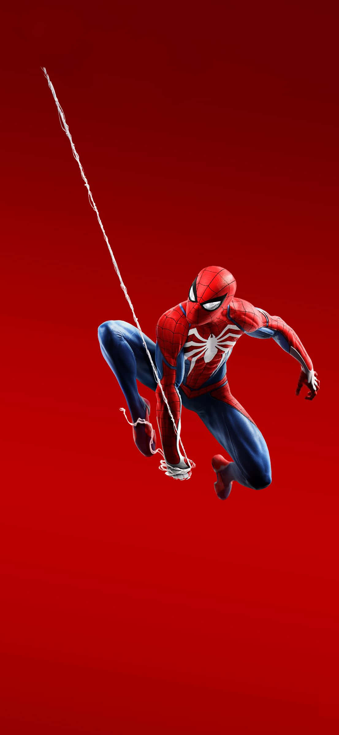 Web-slinging 桌布 壁紙 — 蜘蛛人在純紅色背景上動態擺盪，身後拖著蜘蛛網。