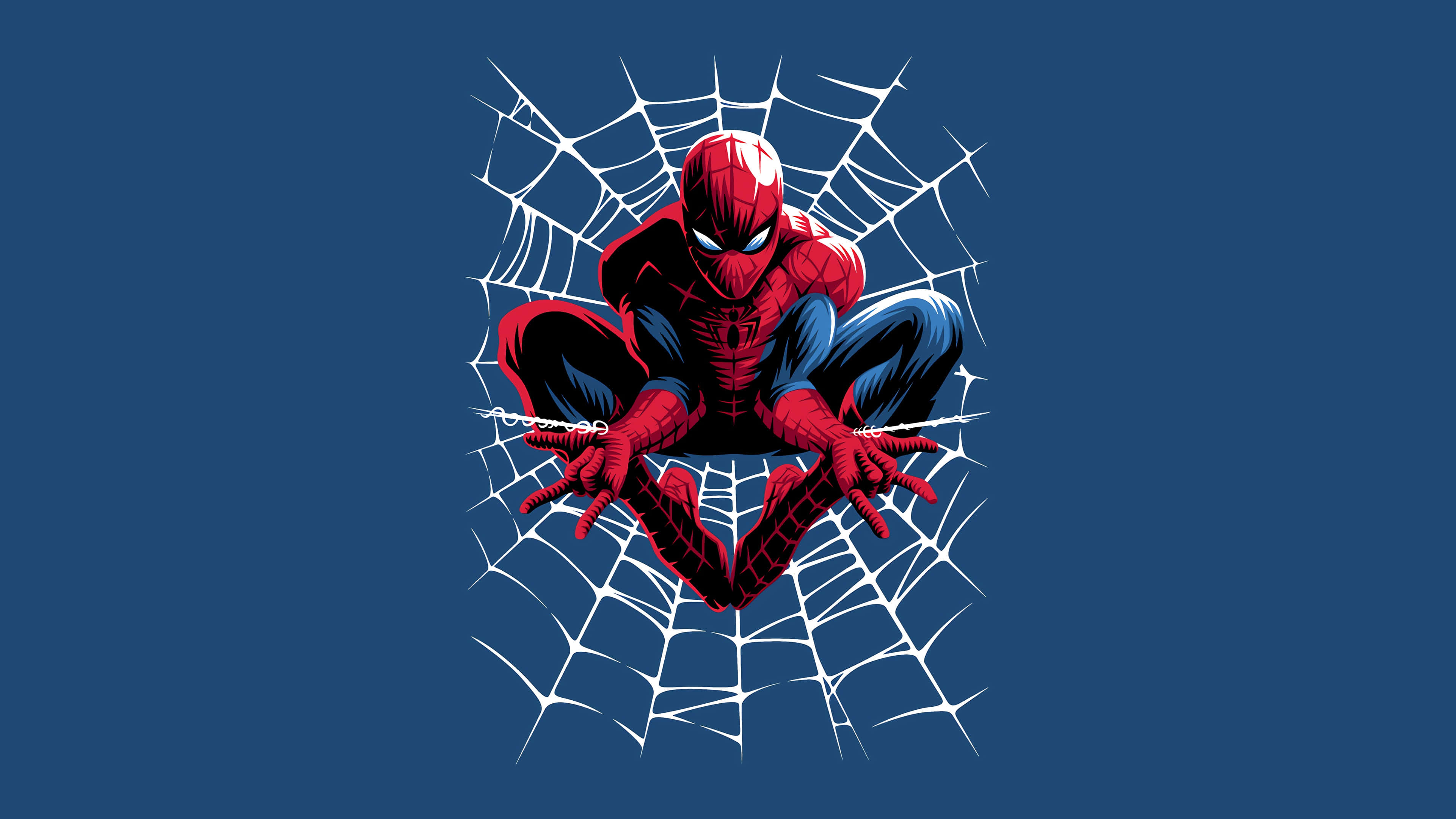 Spider-man Blue 桌布 壁紙 — 蜘蛛人在純藍色背景上，動態地蹲伏在發光的白色蜘蛛網內。