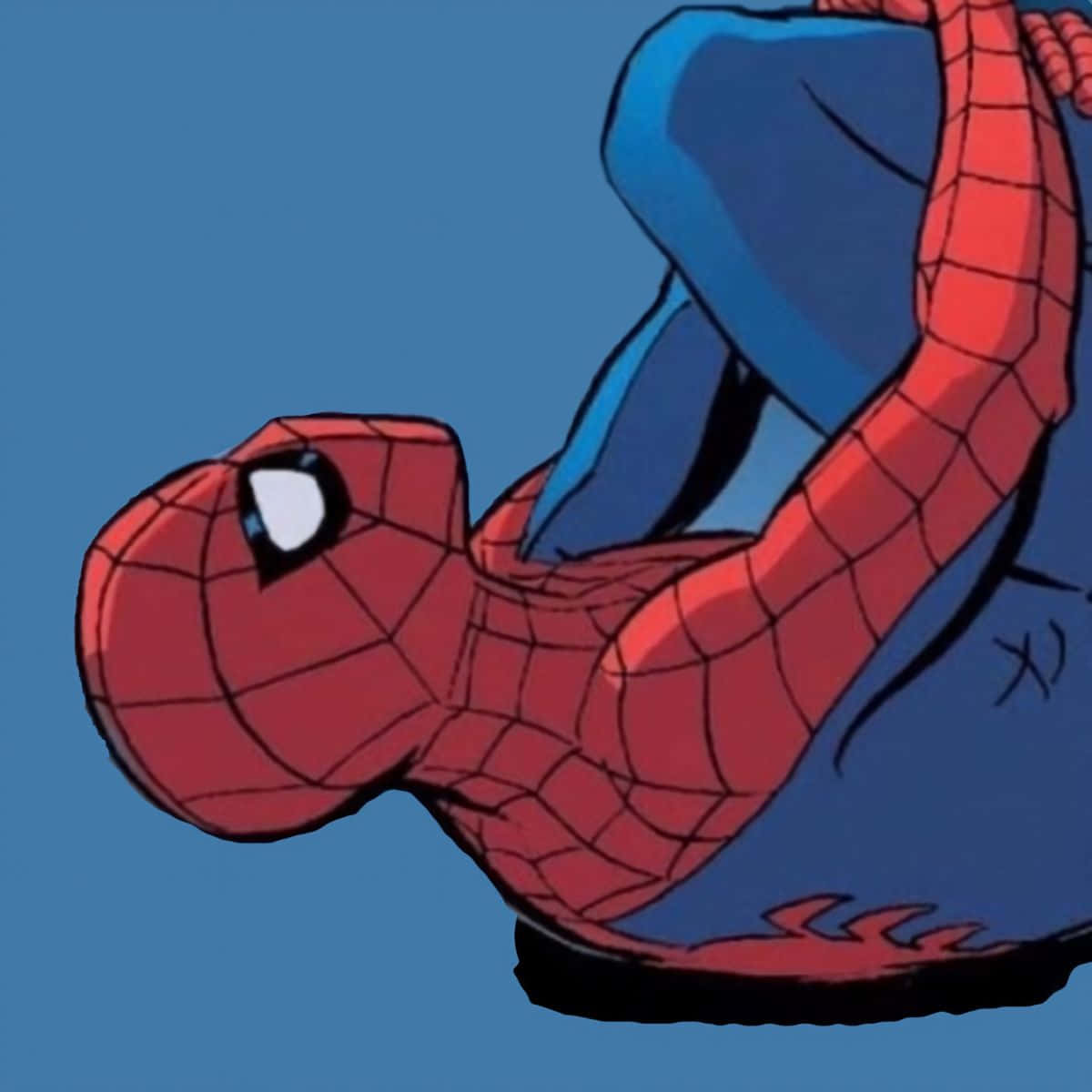 Spiderman Pfp 桌布 壁紙 — 蜘蛛人在純藍色背景前倒掛，呈現經典漫畫風格。