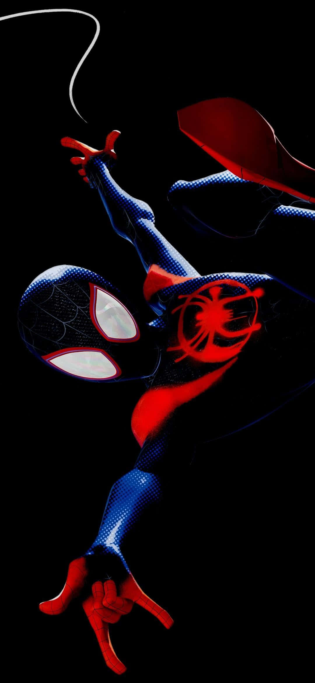 Miles Morales iPhone 桌布 壁紙 — 蜘蛛人在純黑色背景上動態擺盪，發光的白色眼睛和紅色蜘蛛網。