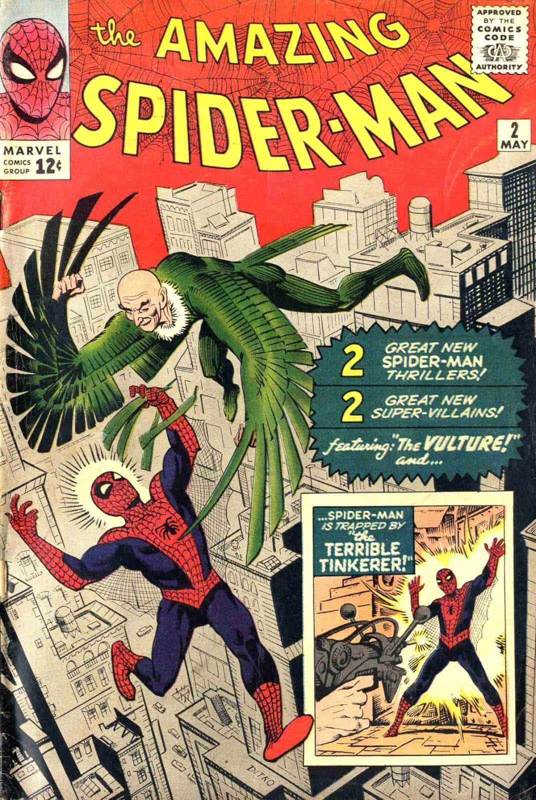 The Vulture 桌布 壁紙 — 蜘蛛人在經典漫畫封面插圖中穿梭城市天際線與禿鷹戰鬥。
