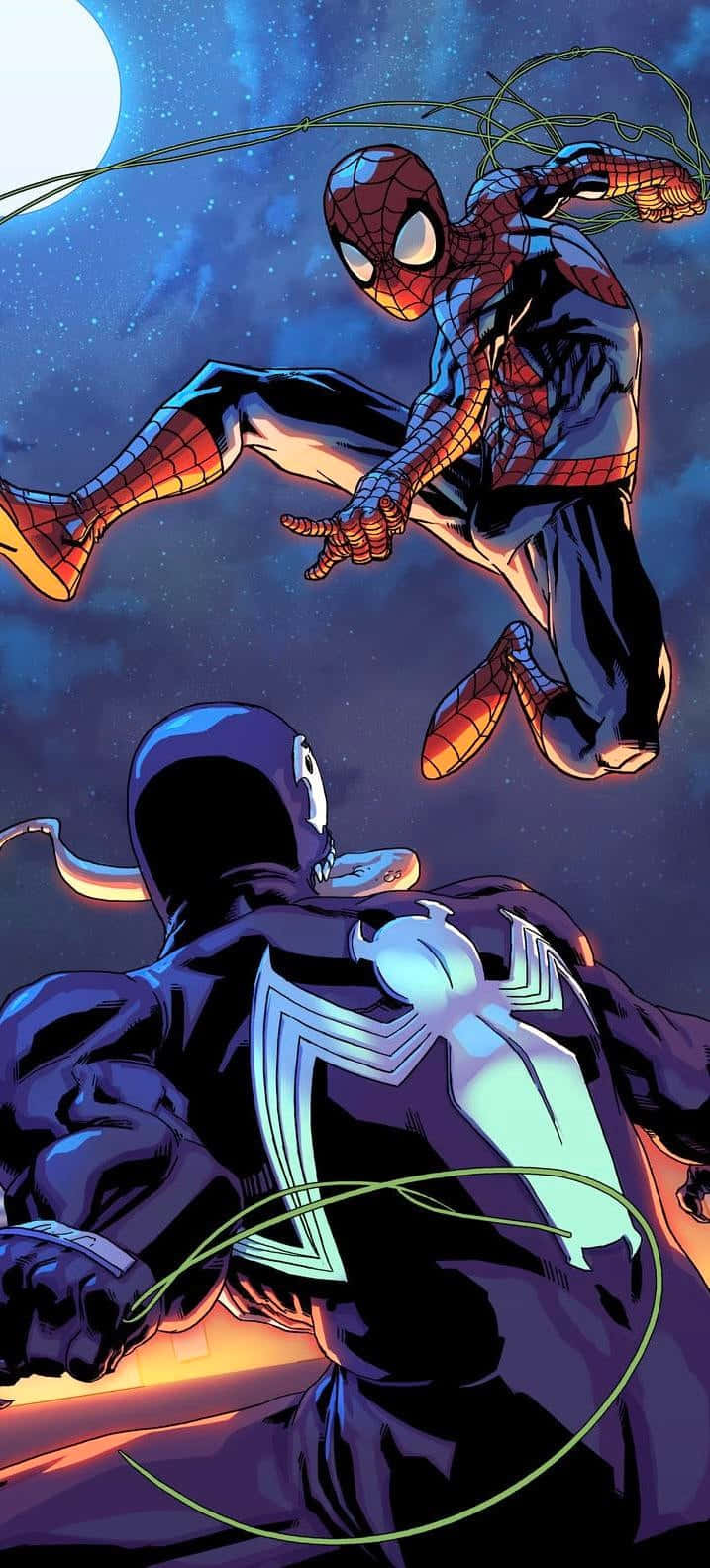 Venom Comic Book 桌布 壁紙 — 蜘蛛人在繁星點點的夜空中擺盪，下方是帶有發光綠色蛛網的猛毒。