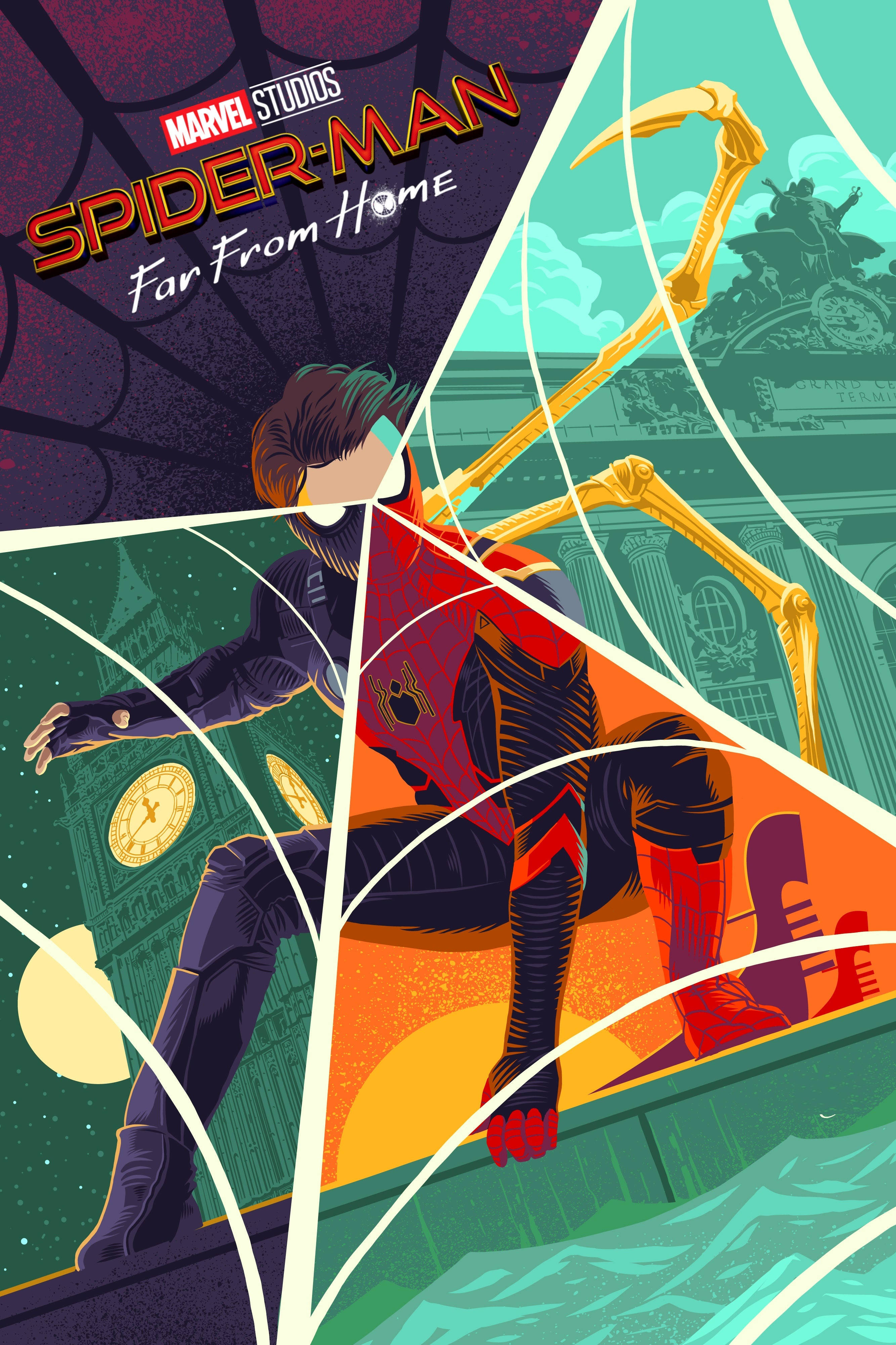 Spider Man Far From Home 桌布 壁紙 — 蜘蛛人在裂縫的倫敦天際線中擺盪，金色蛛網線條劃過鮮豔的幾何面板。
