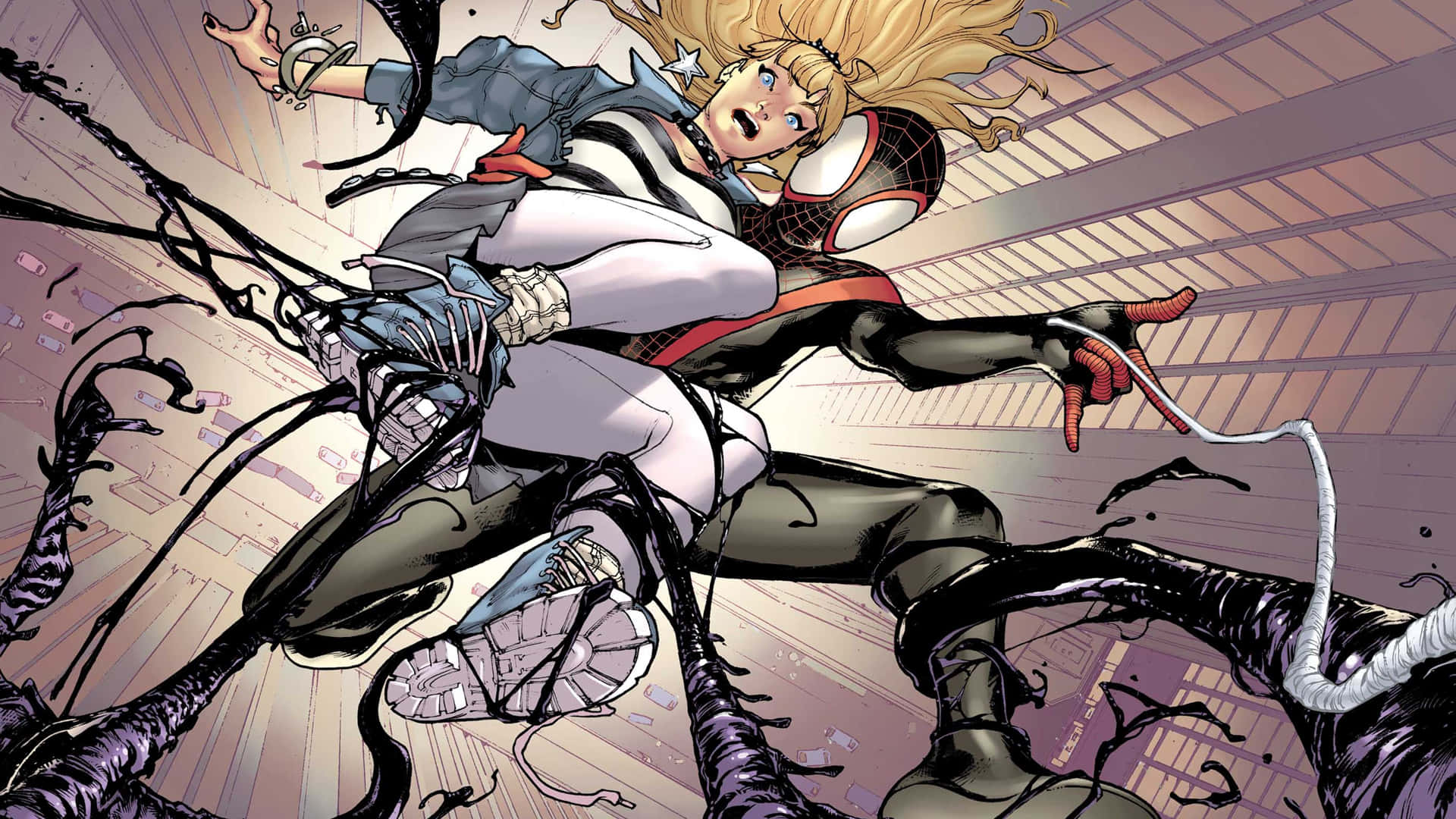 Ultimate Spider-man 桌布 壁紙 — 蜘蛛人在都市景觀中擺盪，一名金髮女子身穿白色西裝，在混亂的黑色觸手間被他的蛛網纏住。
