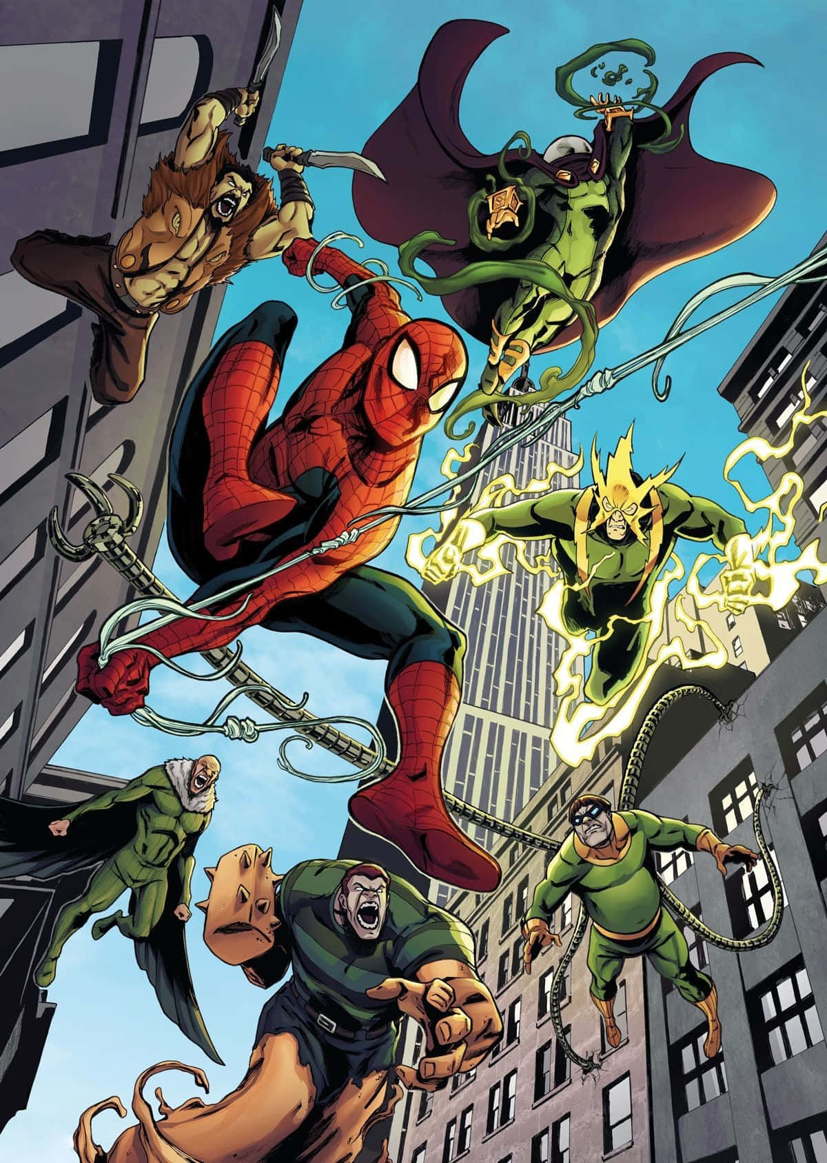 Sinister Six 桌布 壁紙 — 蜘蛛人在都市景觀中擺盪，與多名身穿綠色服裝的惡棍戰鬥，呈現動態的漫畫動作場景。