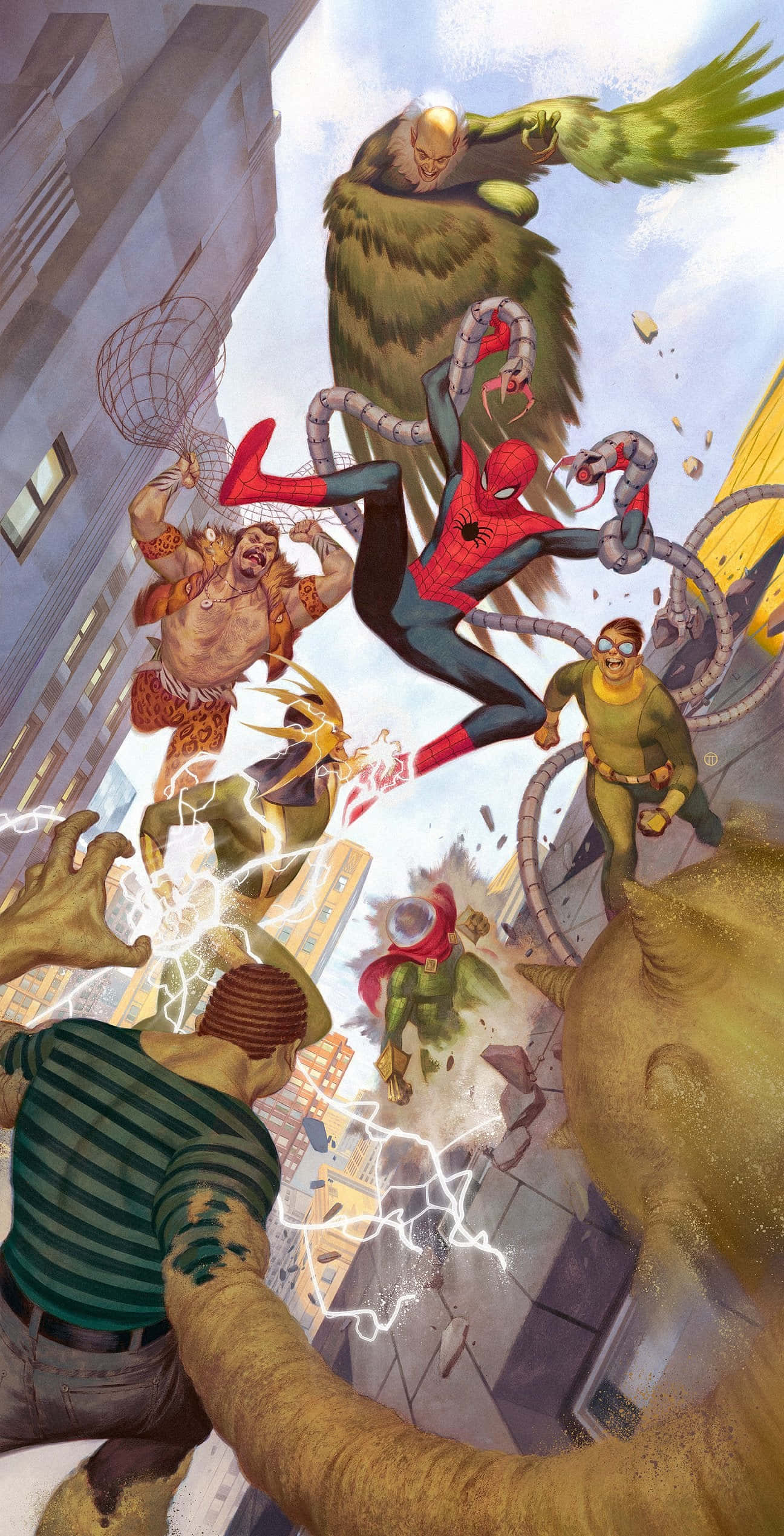 Sinister Six 桌布 壁紙 — 蜘蛛人在都市景觀中擺盪，躲避多個反派在混亂的漫畫戰鬥中的攻擊。