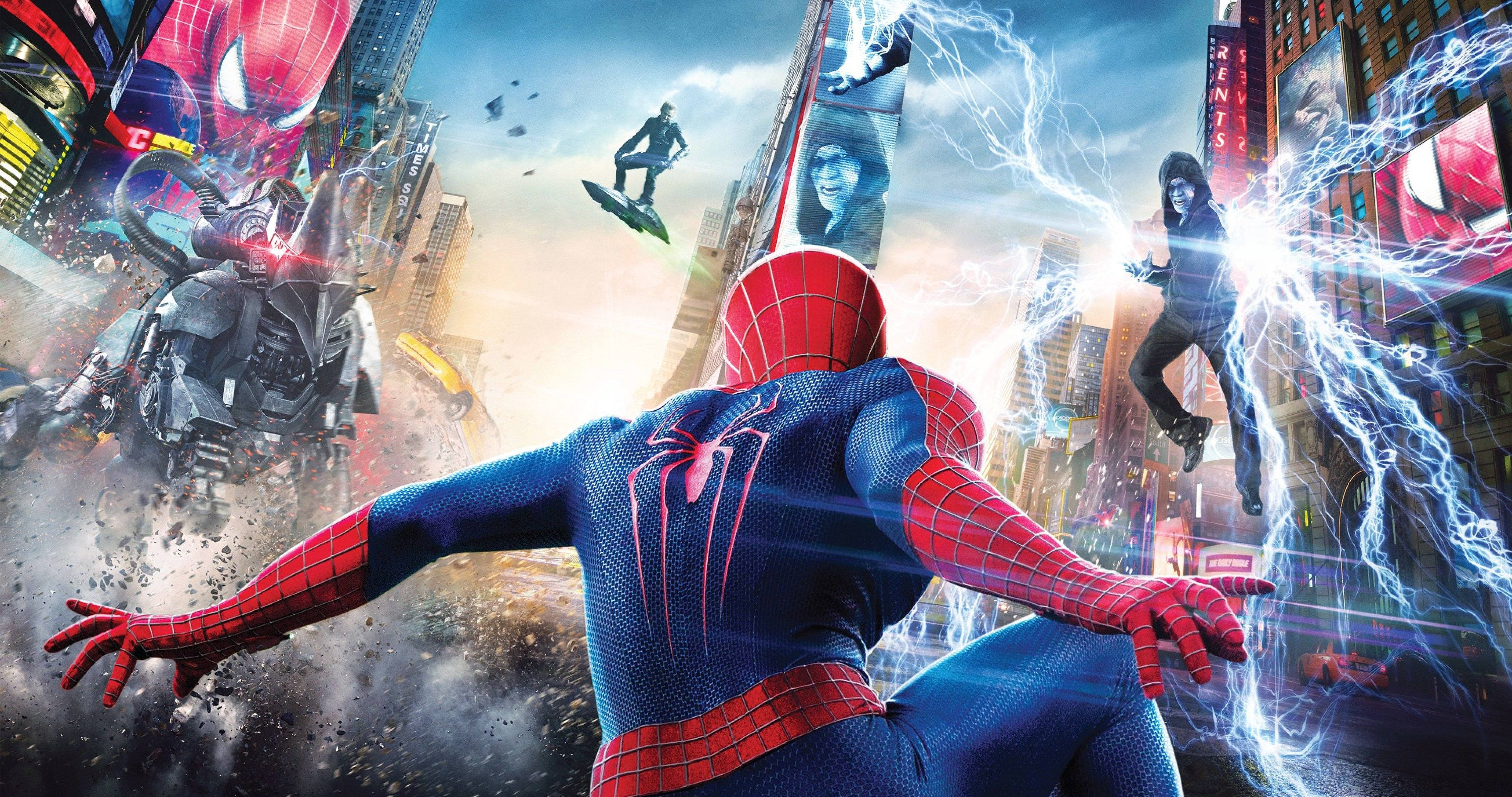 4K Marvel 壁紙 桌布 壁紙 — 蜘蛛人在閃電交加、惡棍攻擊的混亂城市景觀中，於高聳的摩天大樓間跳躍。