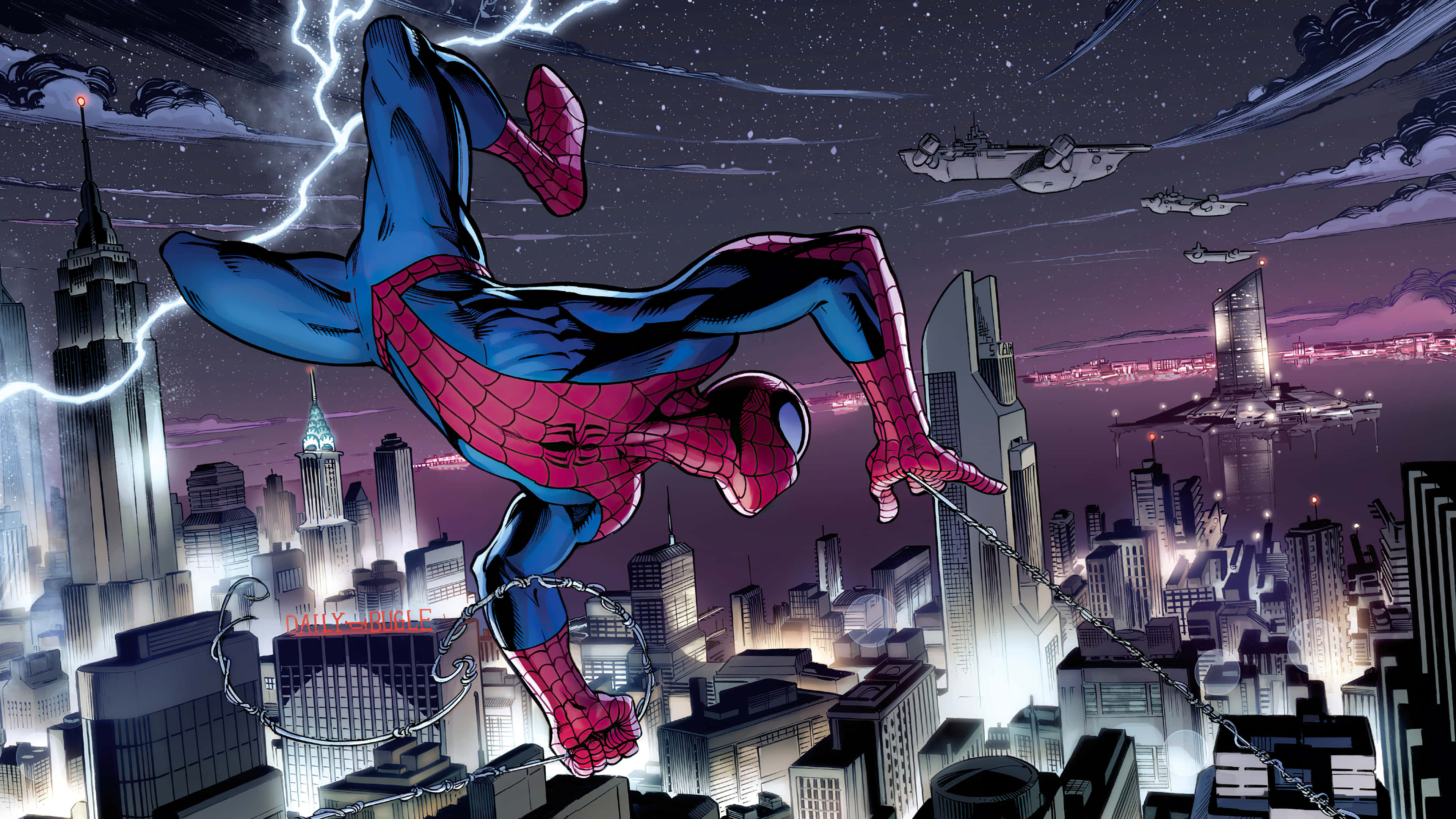 Ultimate Spider-man 桌布 壁紙 — 蜘蛛人在閃電劃破暴風雨夜空下，穿過霓虹燈照亮的城市景觀盪來盪去。