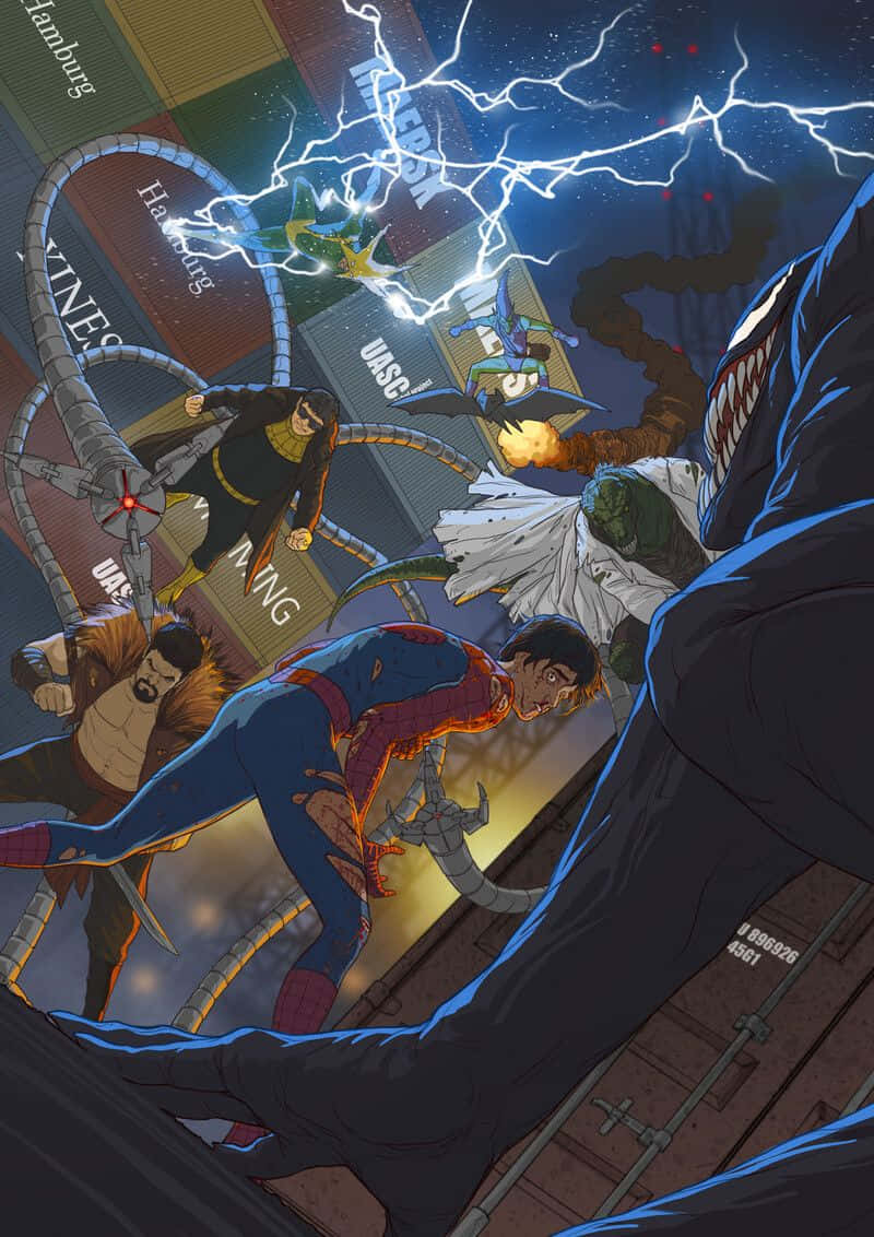 Sinister Six 桌布 壁紙 — 蜘蛛人在閃電和爆炸的混亂夜間城市景觀中與猛毒和其他反派戰鬥。