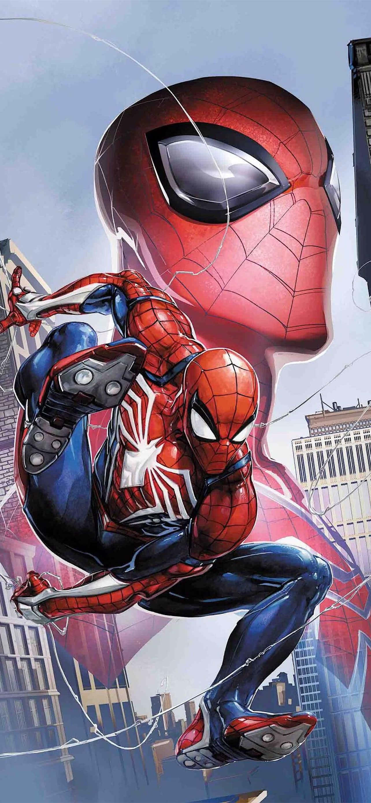 Spider Man Comic 桌布 壁紙 — 蜘蛛人在陰雲密佈的天空下，於城市景觀中動態擺盪，一個巨大的紅色面具籠罩在上方。