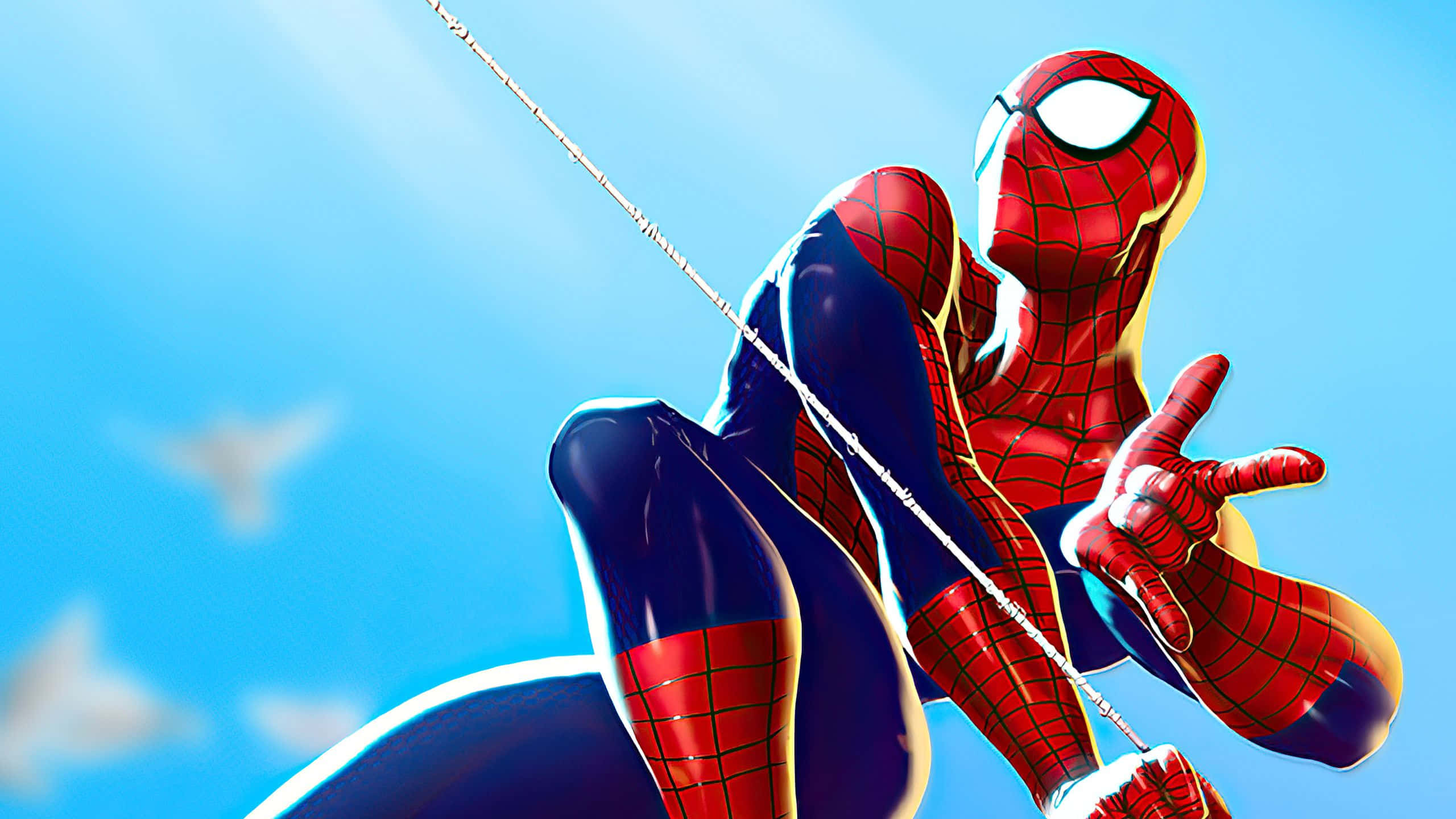 Web-slinging 桌布 壁紙 — 蜘蛛人在陽光和遠處雲朵的明亮藍天下動態擺盪。