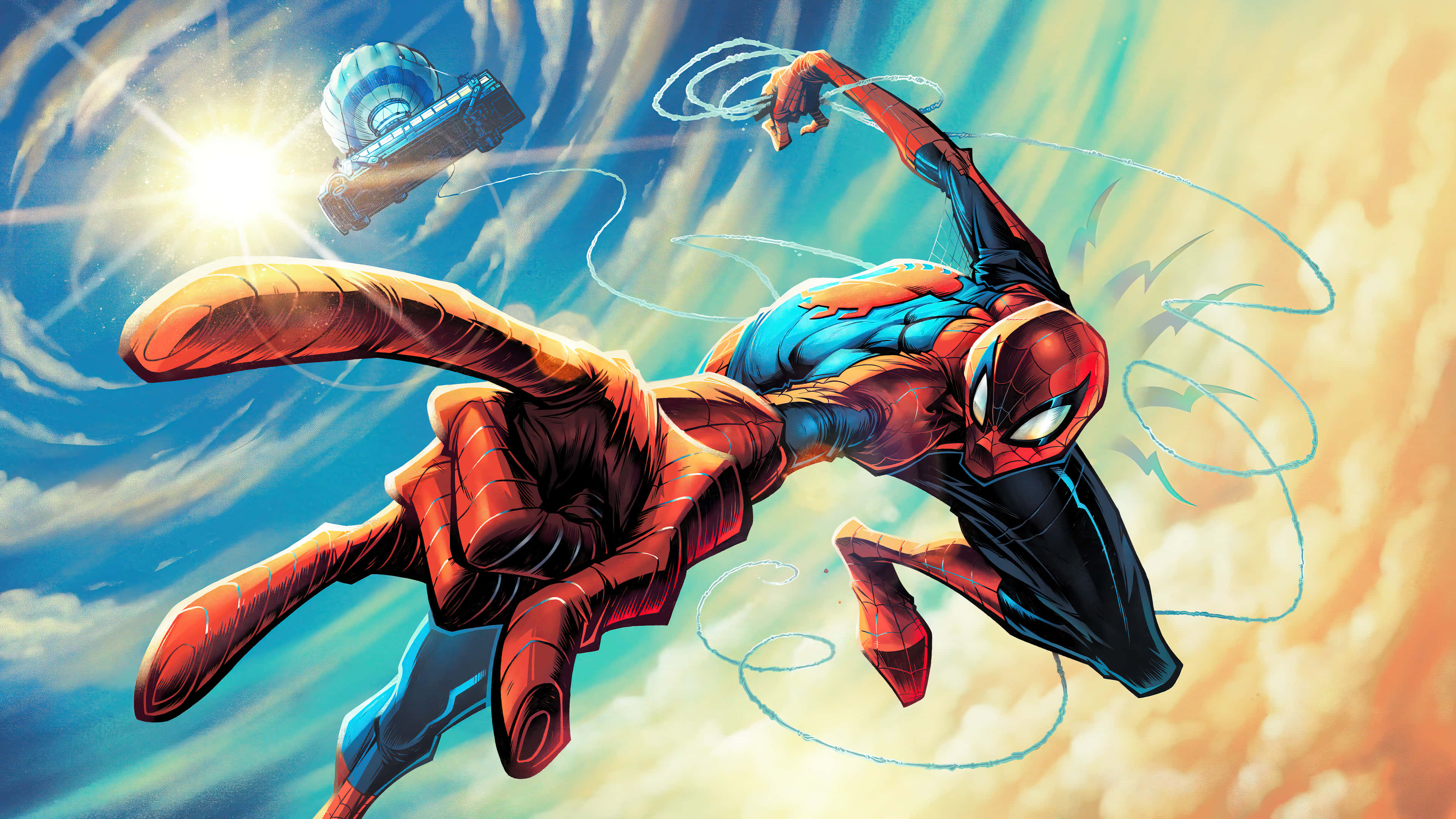Spider-man Web Slinging 桌布 壁紙 — 蜘蛛人在陽光明媚的天空中動態擺盪，背景有一架飛行車輛。